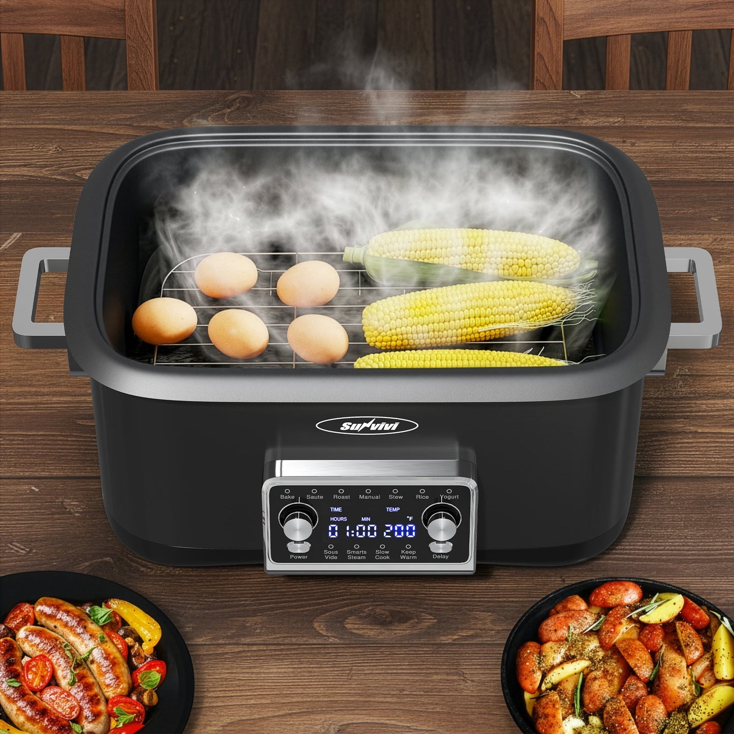 Sunvivi 8-Quart 12-in-1 Programmable Slow Cooker Roaster Oven, Multi-Cooker with Digital Timer, Adjustable Temperature, Removable Non-Stick Pot & Dishwasher-Safe Glass Lid, Black
