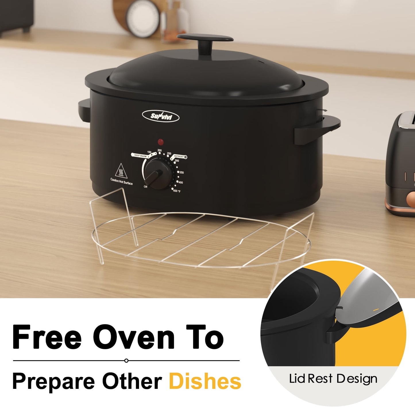 Sunvivi 8-Quart Roaster Oven with Self-Basting Lid, Removable Pan and Rack, Black