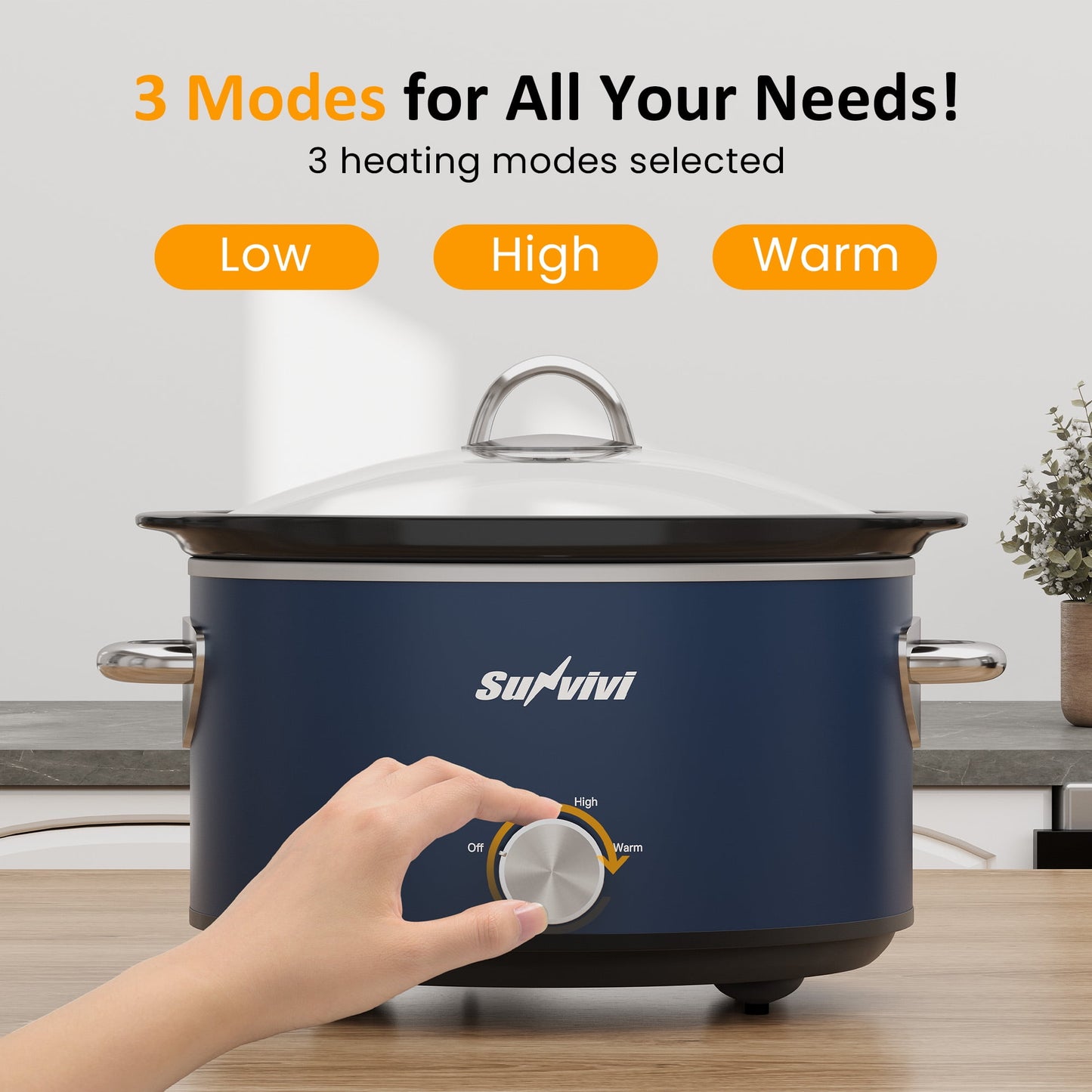 Heynemo 4QT Compact Ceramic Slow Cooker & Food Warmer with 3 Temperature Settings - Blue