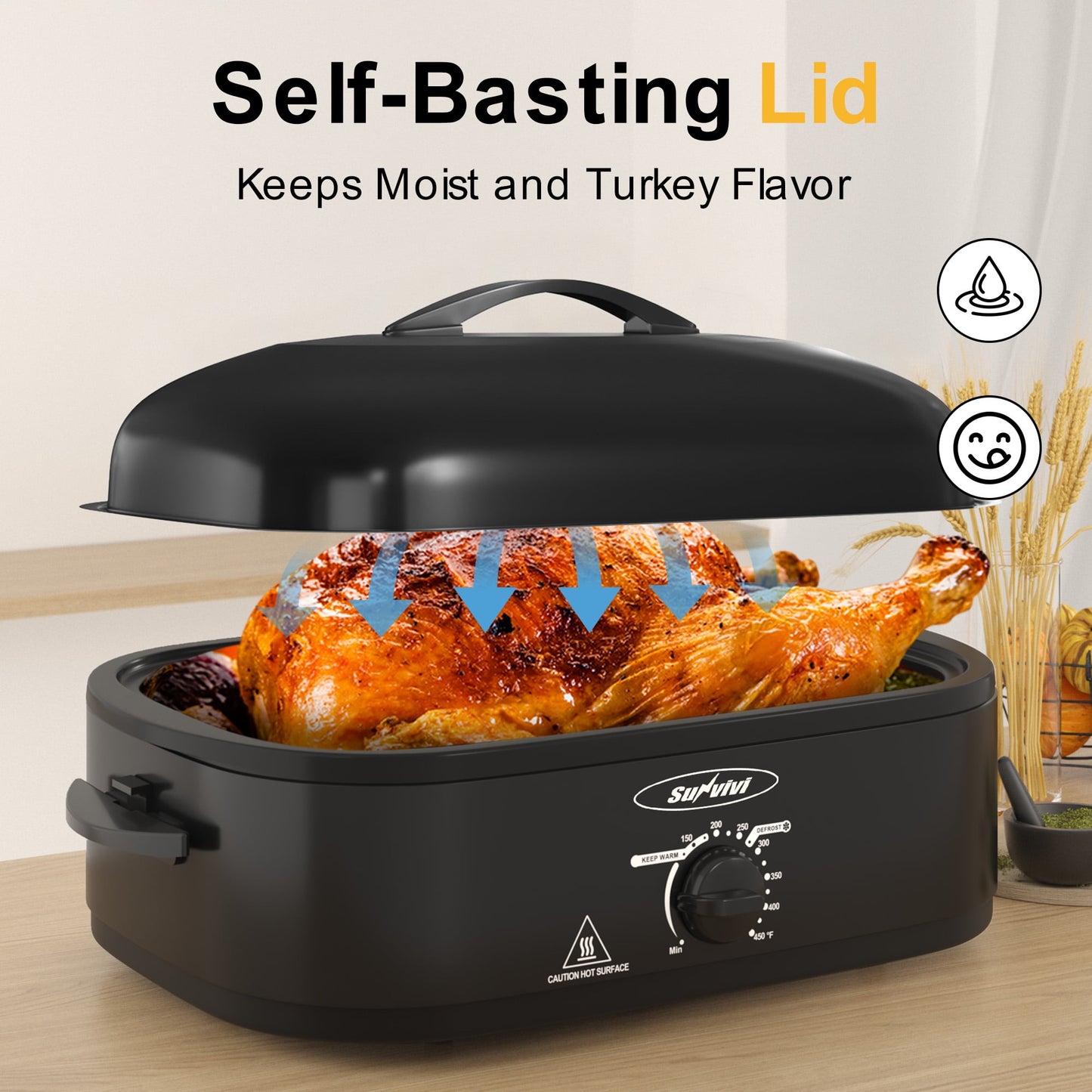 Sunvivi Roaster Oven with Self-Basting Lid, 14qt Electric Roaster with Removable Pan & Rack, Turkey Roaster Oven with Defrost & Warm Function, Stainless Steel, Black