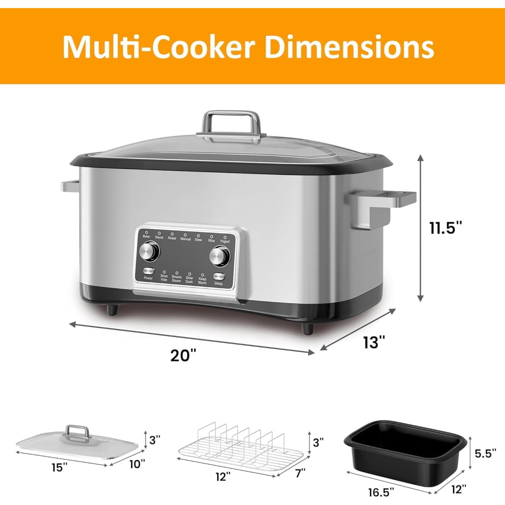 8 Quart 12-IN-1 Multi Cooker, Digital Programmable Slow Cooker with LED Display & Timer, 1250W Rice Cooker with Nonstick Inner Pot for Bake, Saute, Roast, Stew, Sous Vide, Dishwasher Safe, Silver