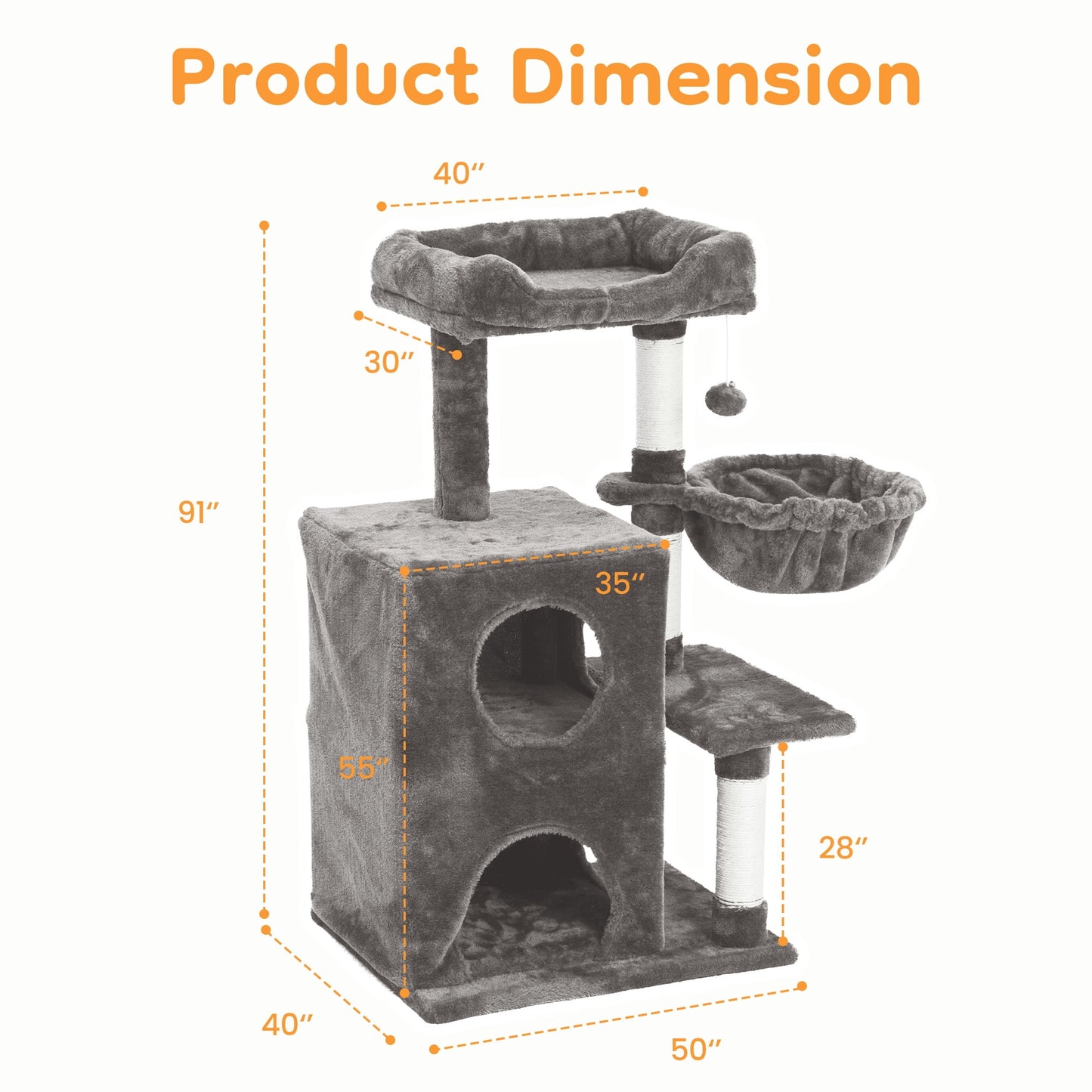 Heynemo Multi-Level Cat Tree Tower for Large Cats with Scratching Posts, Condos, Perch, Hammocks & Toys ÿ Modern Indoor Cat Jungle Gym for 2ÿ3 Cats, 19.7" x 15.7" x 35.8", Grey