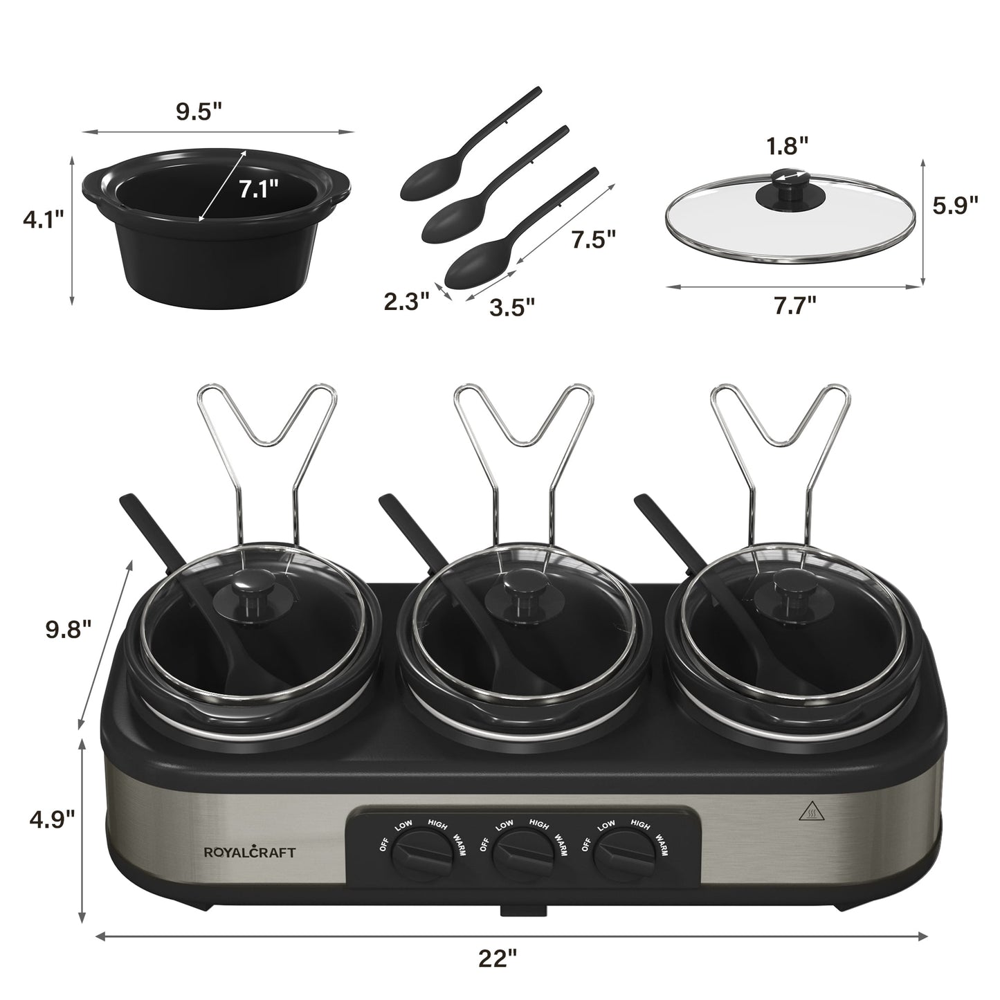 Sunvivi Slow Cooker with 10 Cooking Liners, 3 Pot 1.5 Quart Oval Crock Food Warmer Buffet Server, Stainless Steel, Silver