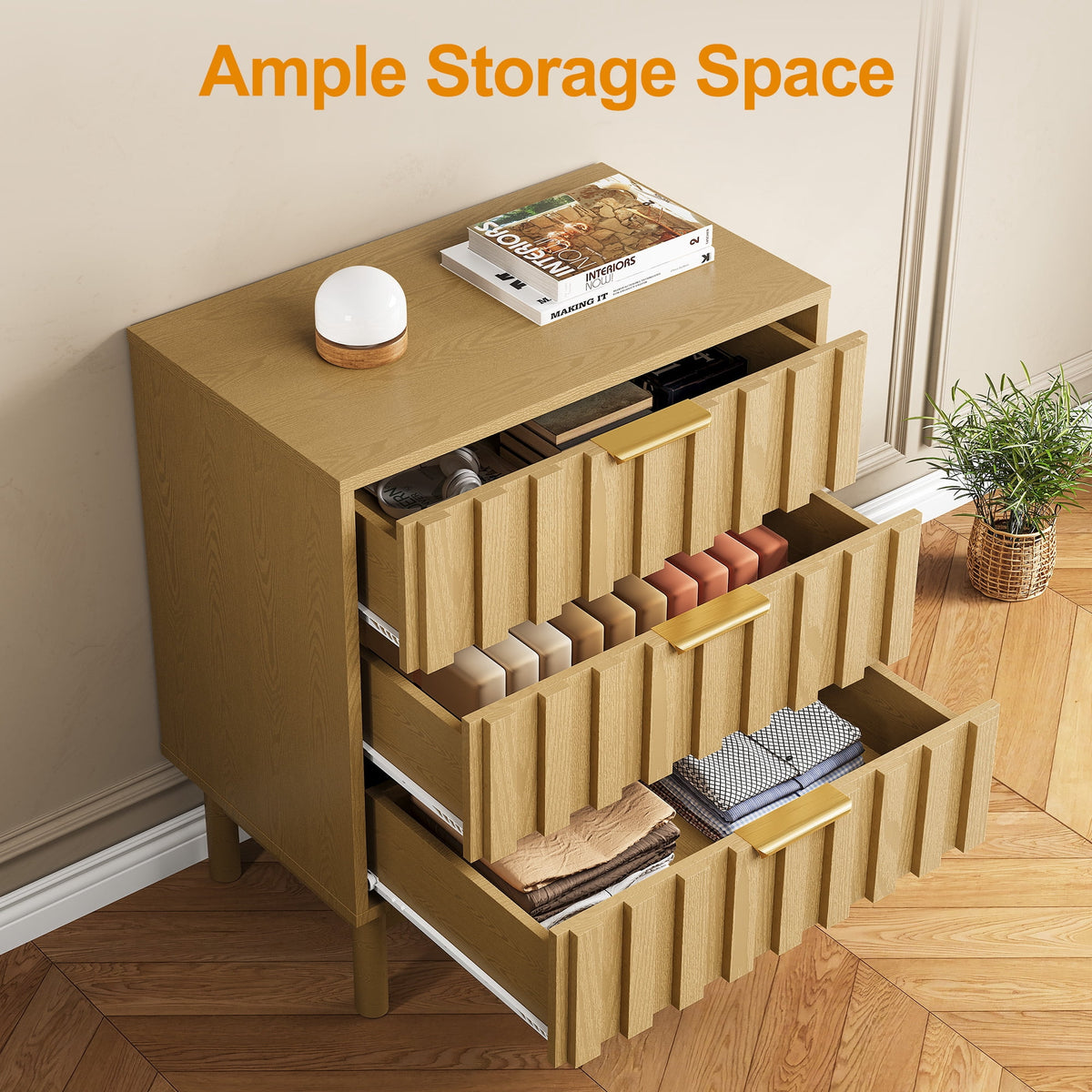 Cozy Home Fluted 3 Drawer Dresser Set of 2, Wood Closet Organizer for Bedroom, Living Room, Entryway, Natural Wood Tone