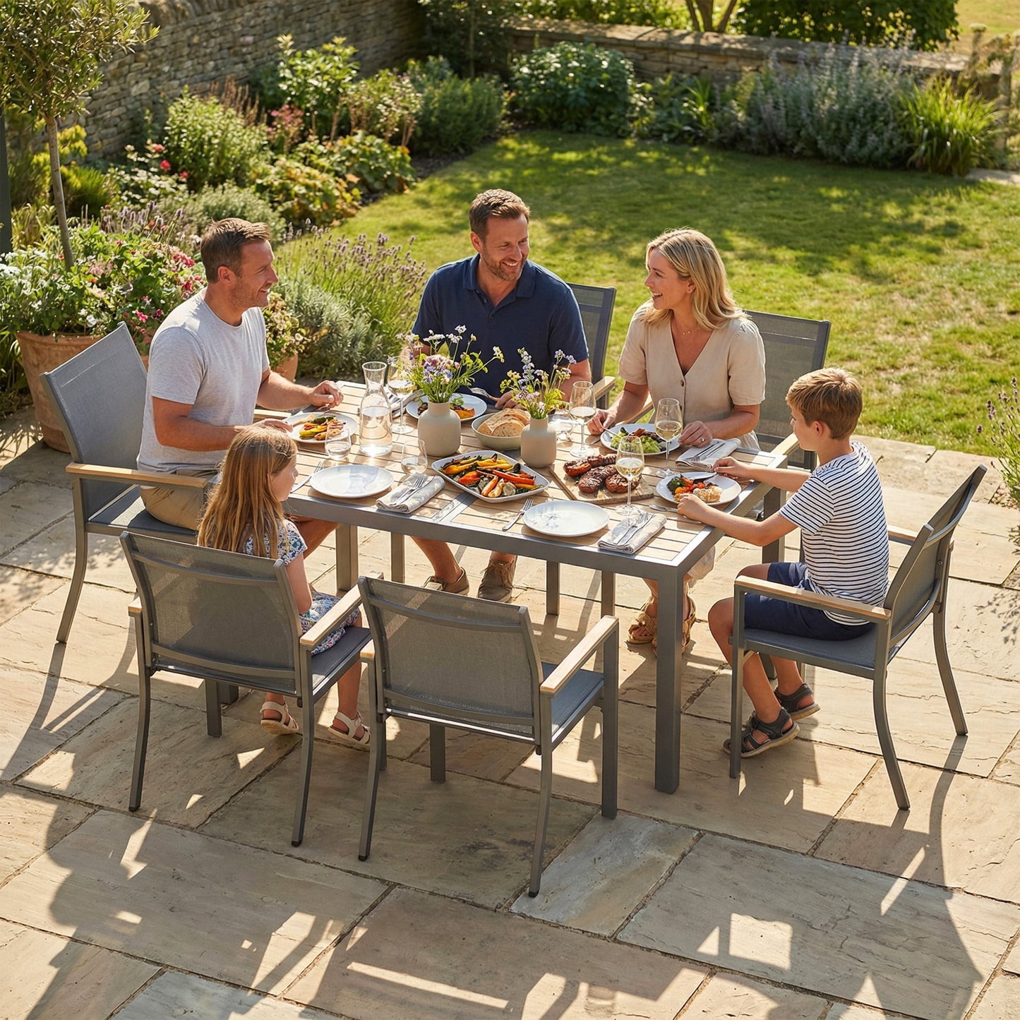 Heynemo 7-Piece Outdoor Dining Set with Patio Table, Aluminum Patio Table Set for 6 Persons with HDPS Tabletop, for Garden, Deck, Gray
