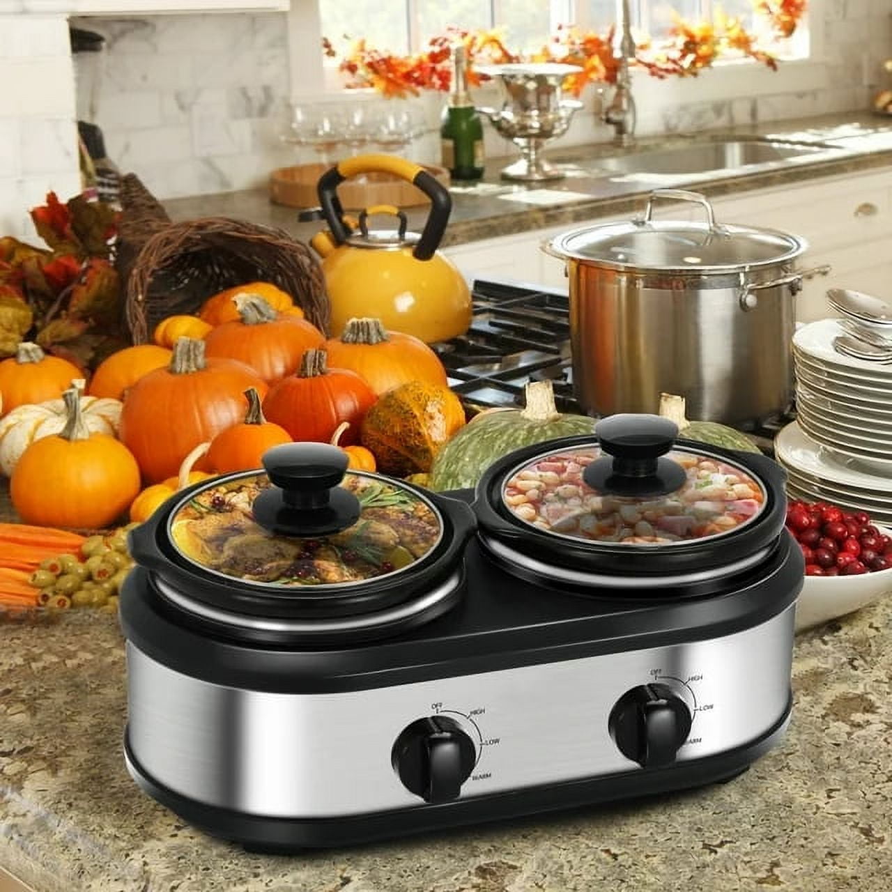 Superjoe 2.5QT Dual Pot Electric Slow Cooker, Stainless Steel Buffet Server Food Warmer Slow Cooker With Adjustable Temp Removable Lid Rests, Black