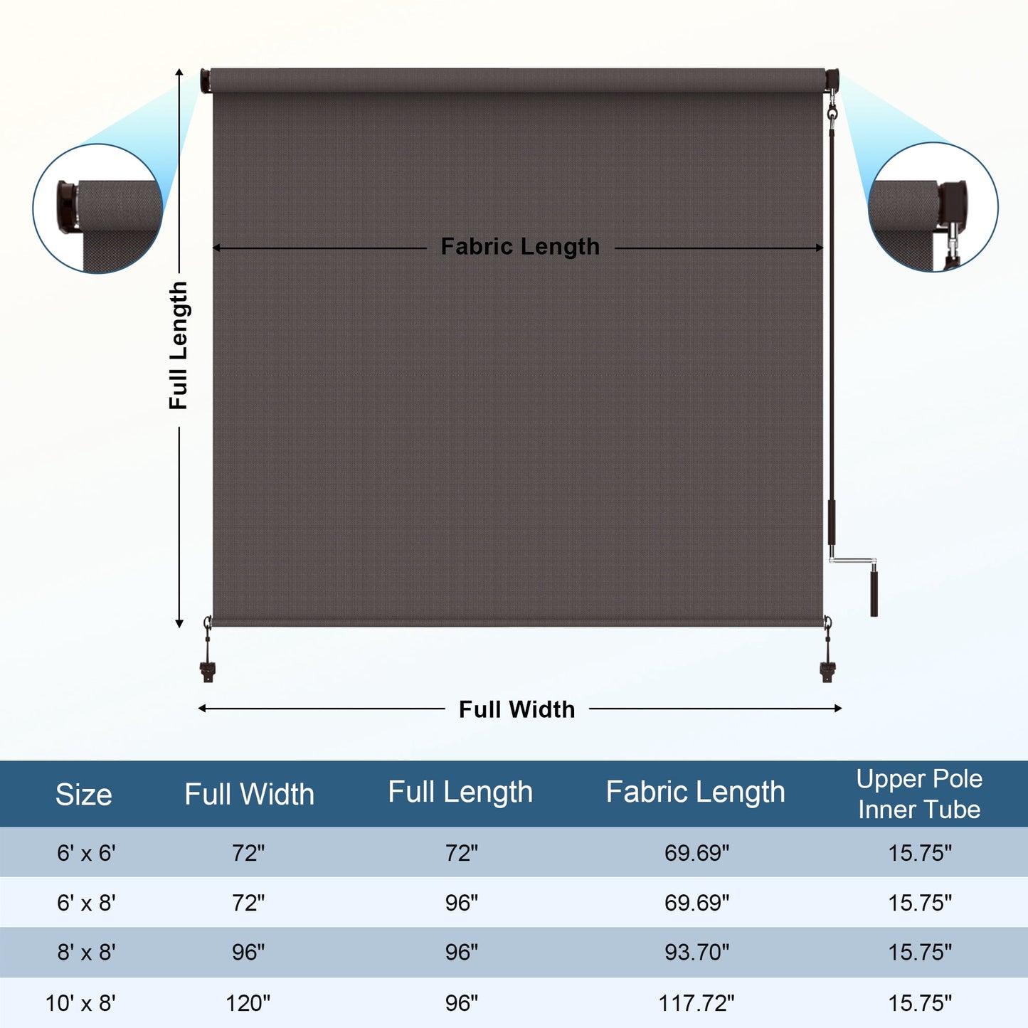 CozyHome Outdoor Roller Shade 10' x 8', Cordless Patio Shade with Crank Handle, 95% UV Protection, Aluminum Privacy Sun Shade for Patio, Brown