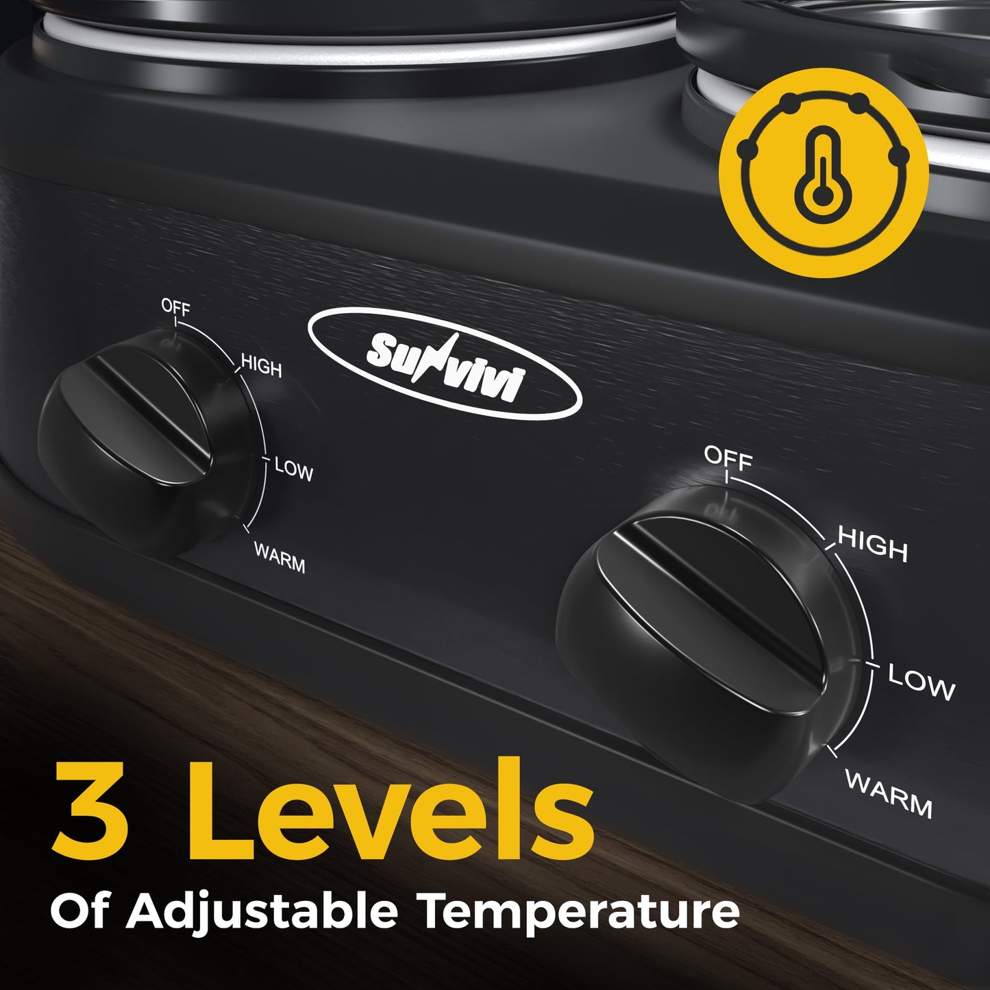 Sunvivi Small Double Slow Cooker, 2 Pot 1.25 Quart Oval Crock Food Warmer Buffet Server, Stainless Steel, Black