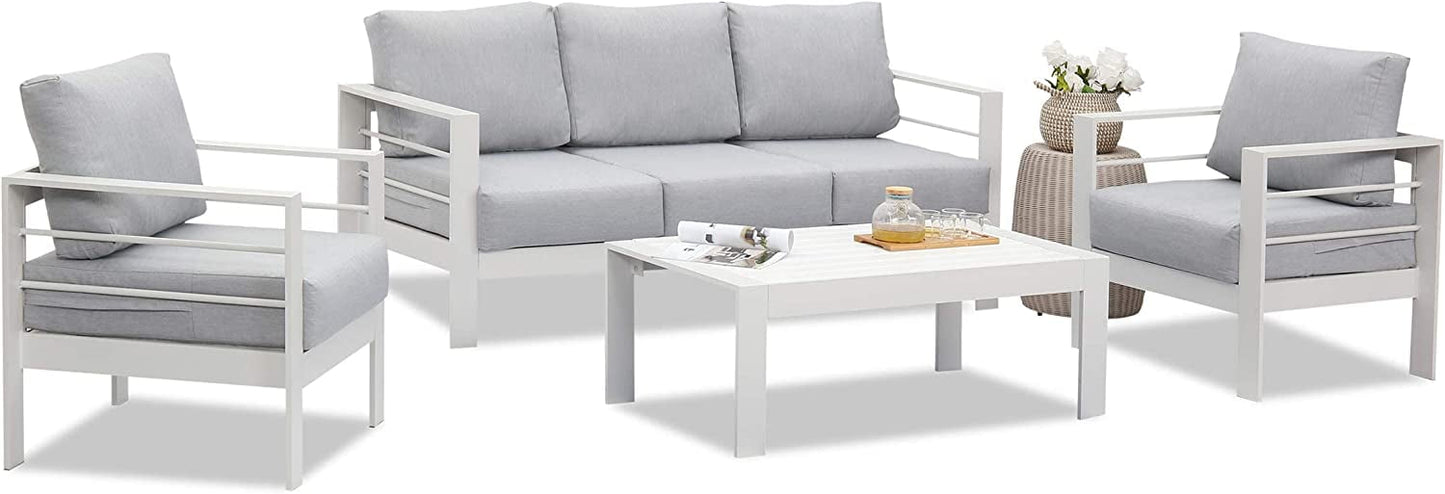 Superjoe Outdoor 2 Seats Patio Aluminum Loveseat Furniture, All-Weather Sofa Couch White Metal Chair with Cushions, Light Grey