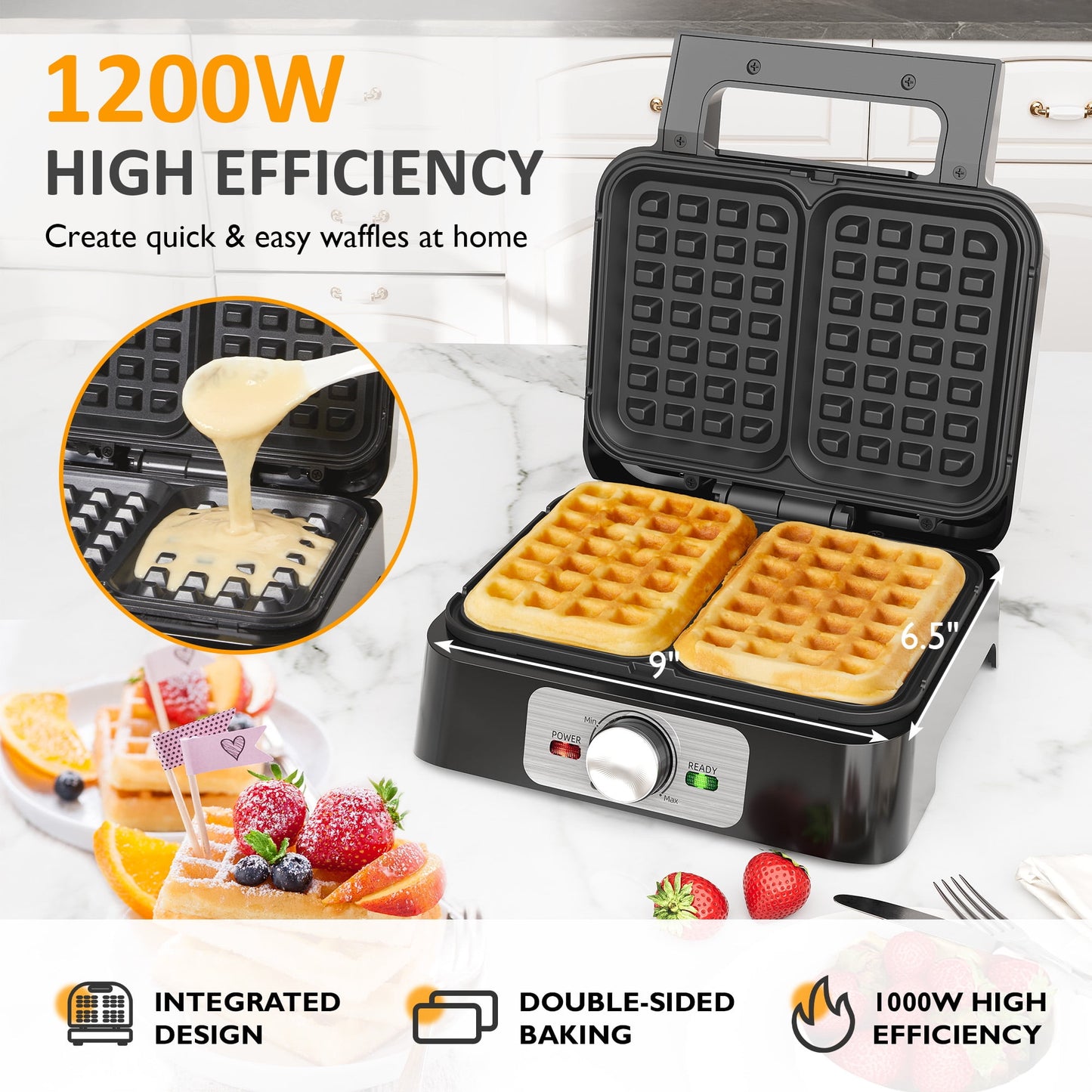 Heynemo Electric Waffle Maker 2 Slices, Stainless Steel Waffle Iron with Adjustable Heat, Nonstick Coating & Cool Touch Handle