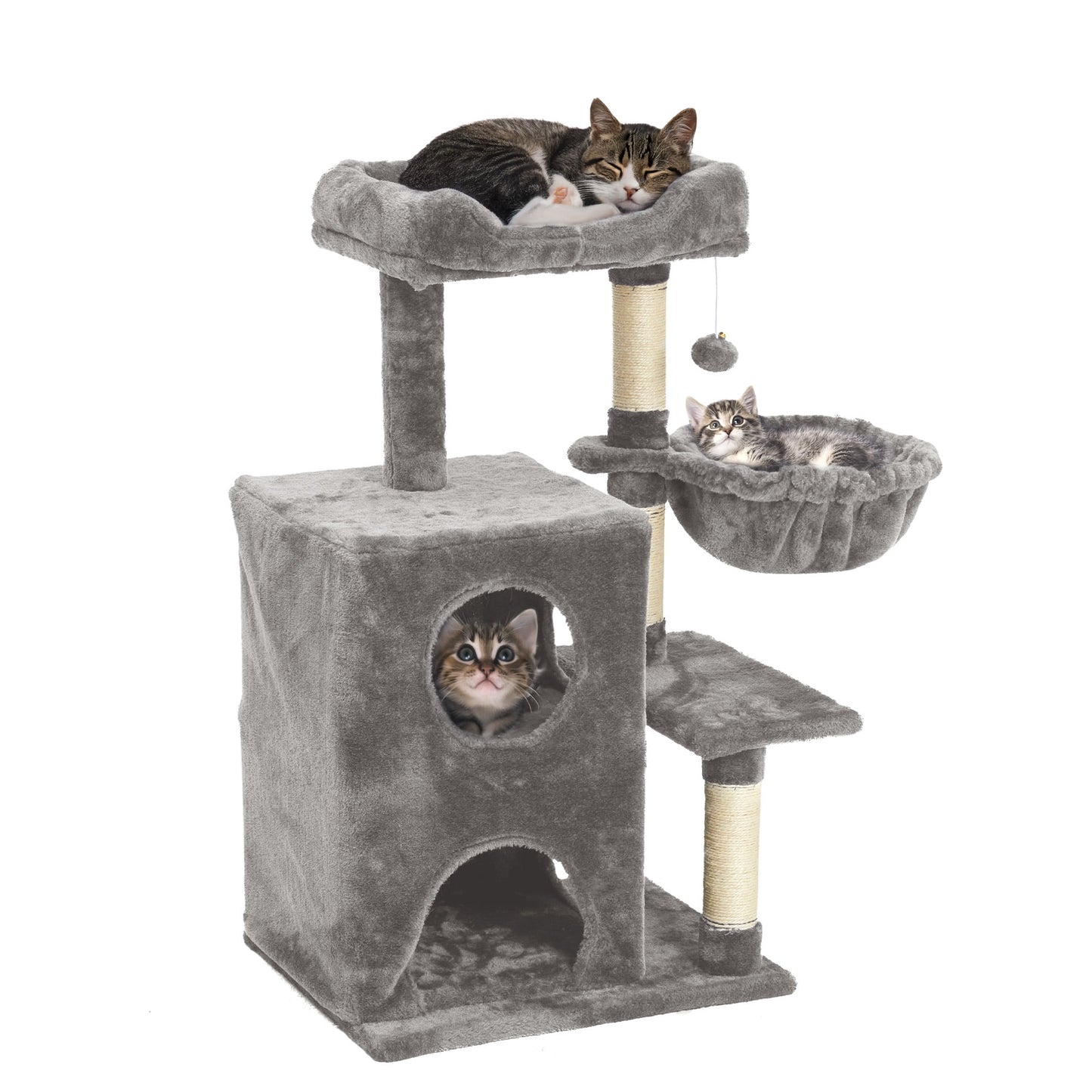 Heynemo Multi-Level Cat Tree Tower for Large Cats with Scratching Posts, Condos, Perch, Hammocks & Toys ÿ Modern Indoor Cat Jungle Gym for 2ÿ3 Cats, 19.7" x 15.7" x 35.8", Grey