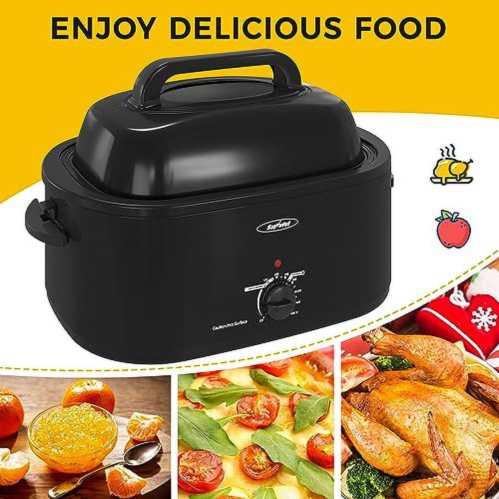 Sunvivi 24 Quart Electric Turkey Roaster Oven with Visible Glass Lid,Removable Pan & Rack, Stainless Steel, Black
