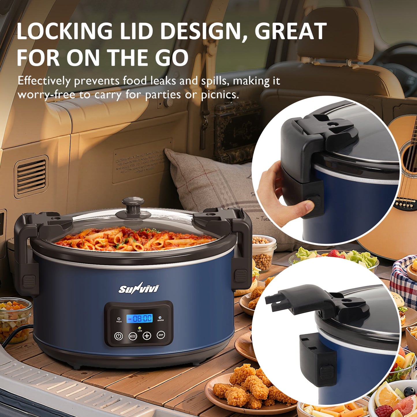 Sunvivi 8.5 Quart Programmable Slow Cooker with Locking Lid, Digital Timer, Dishwasher Safe, Blue