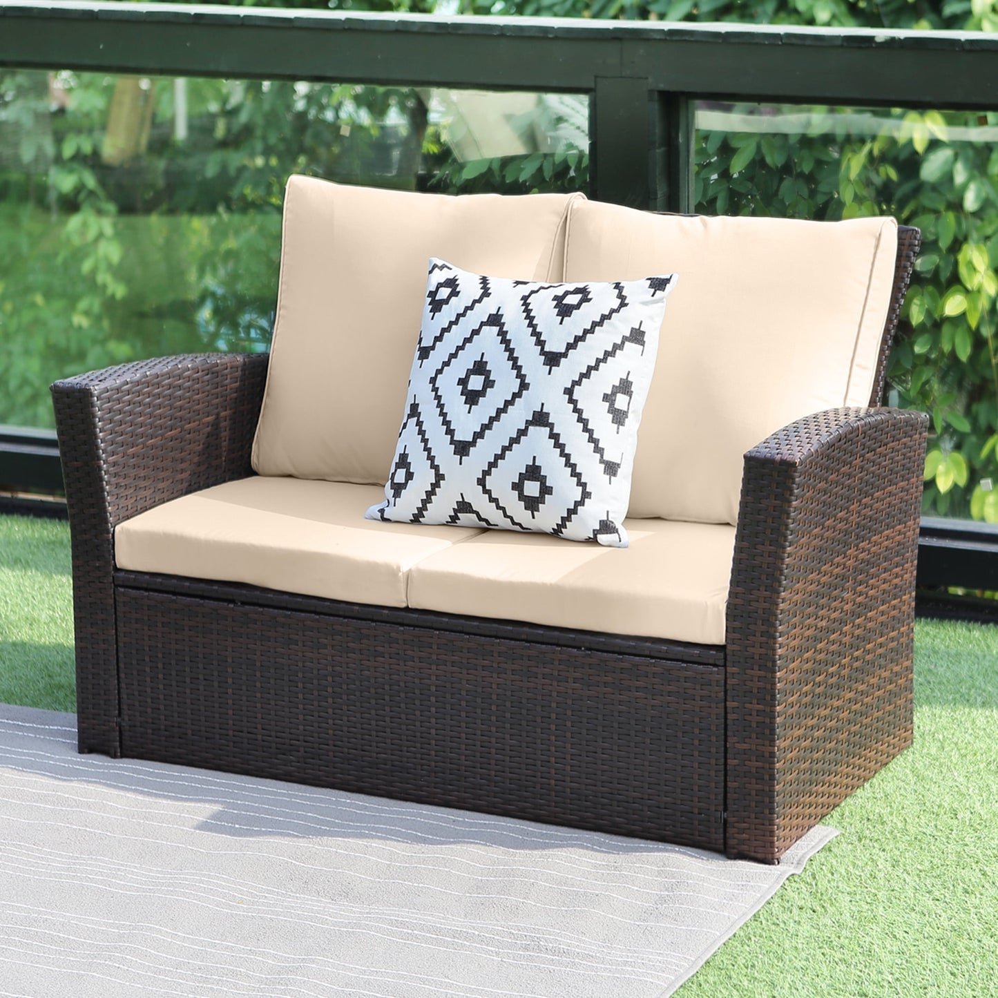 Heynemo 4 Seater Outdoor Patio Furniture Set, Rattan Wicker Patio Sectional Set with Coffee Table, Brown