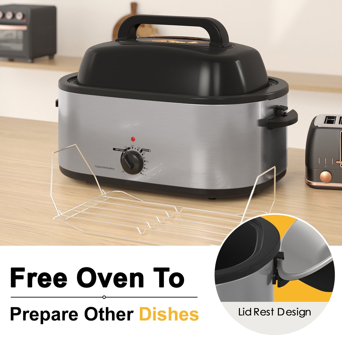 RoyalCraft 26 Quart Electric Turkey Roaster Oven with Visible & Self-Basting Lid, Stainless Steel