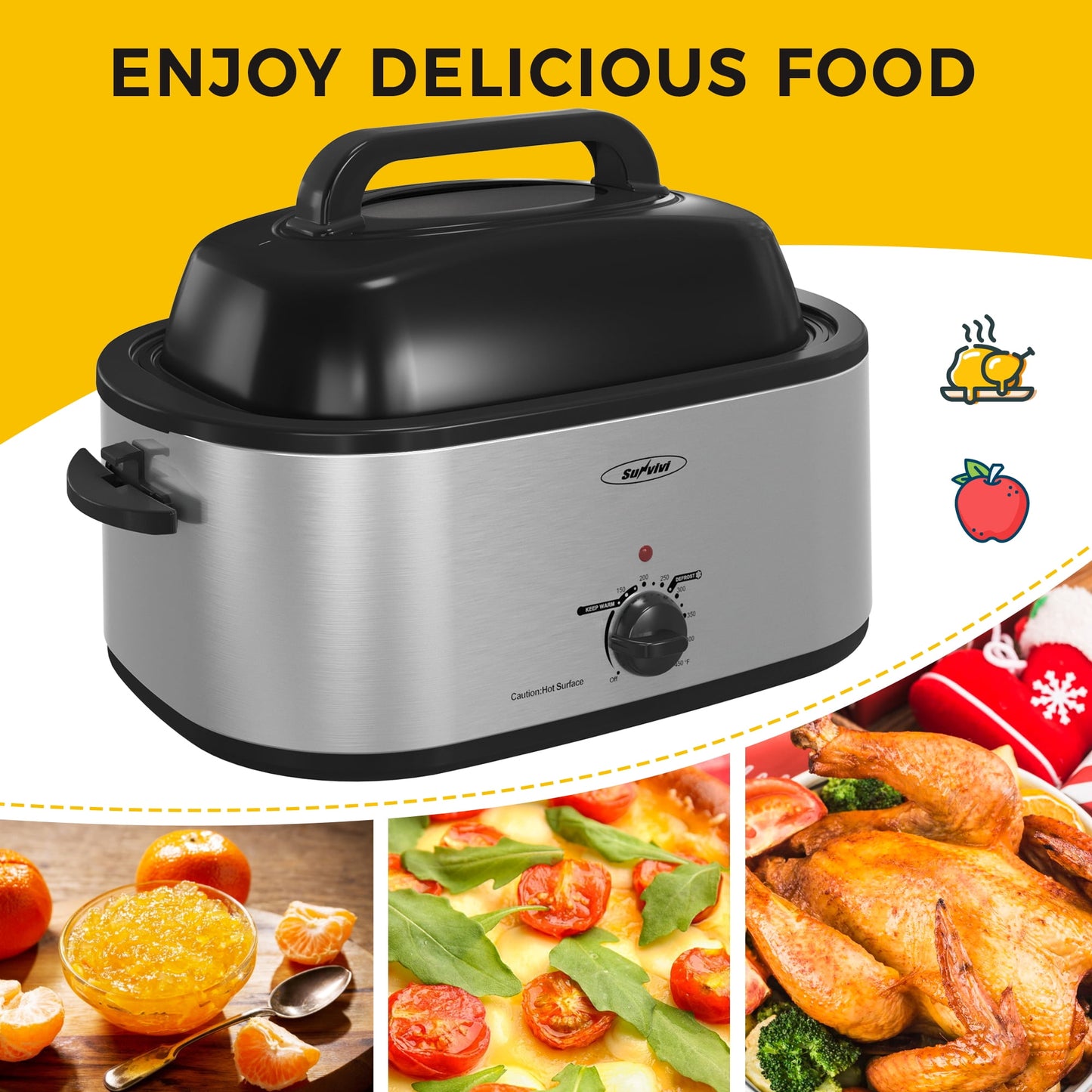 Sunvivi 24 Quart Electric Turkey Roaster Oven with Visible Glass Lid,Removable Pan & Rack, Stainless Steel, Silver