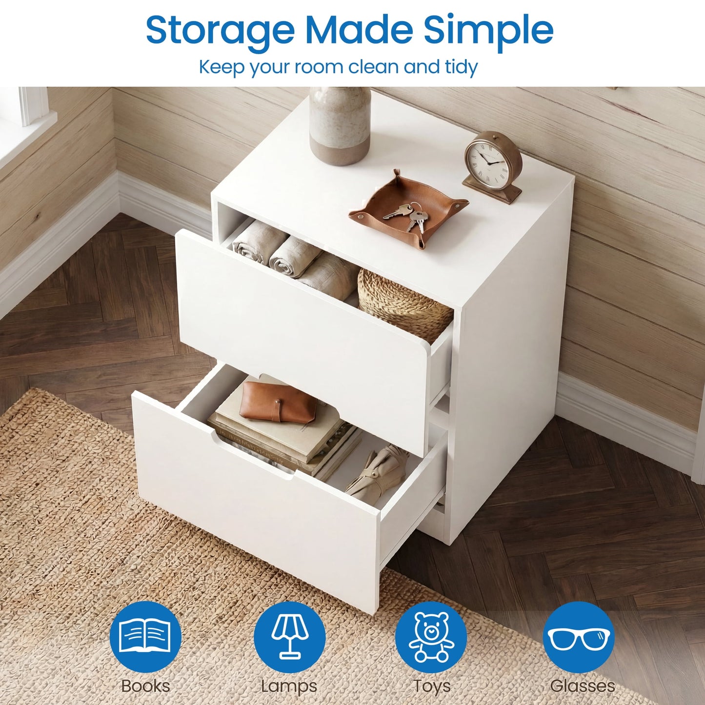 May in Color 2-Drawer Nightstand, Handless Bedside Table for Bedroom, Living Room, Hallway, White