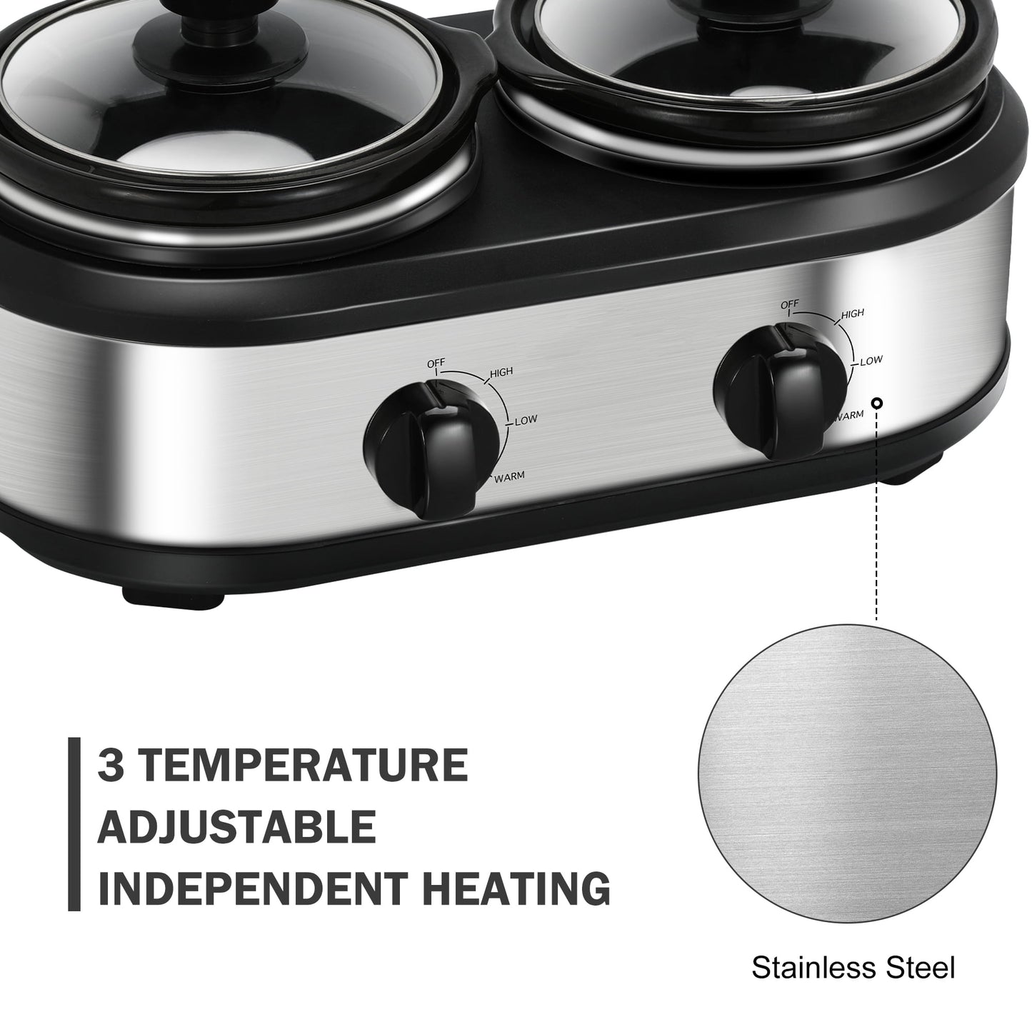 Superjoe 2.5QT Dual Pot Electric Slow Cooker, Stainless Steel Buffet Server Food Warmer Slow Cooker With Adjustable Temp Removable Lid Rests, Black