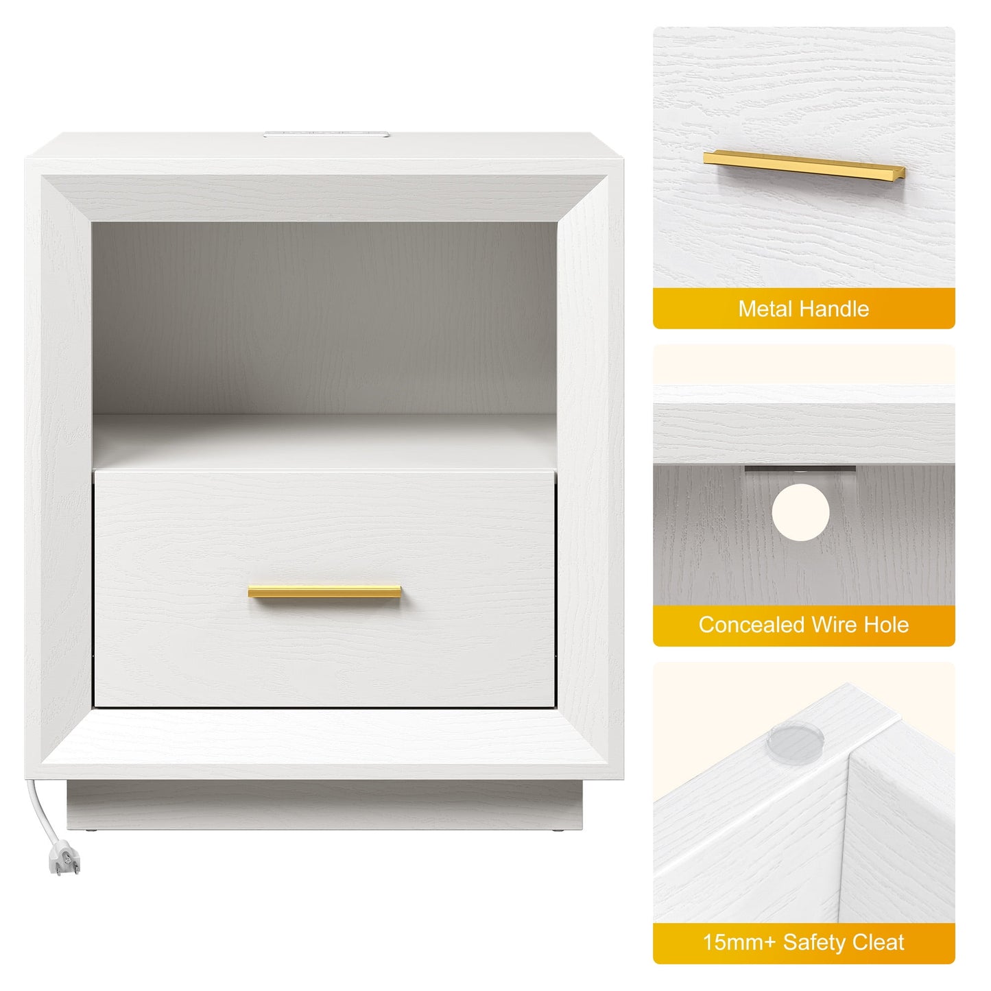 Heynemo Smart Nightstand Duo: Charging Bedside Tables with Big Storage Drawer, Dual USB-C Hub, Multi-Functional Cabinet for Bedroom, Set of 2, White