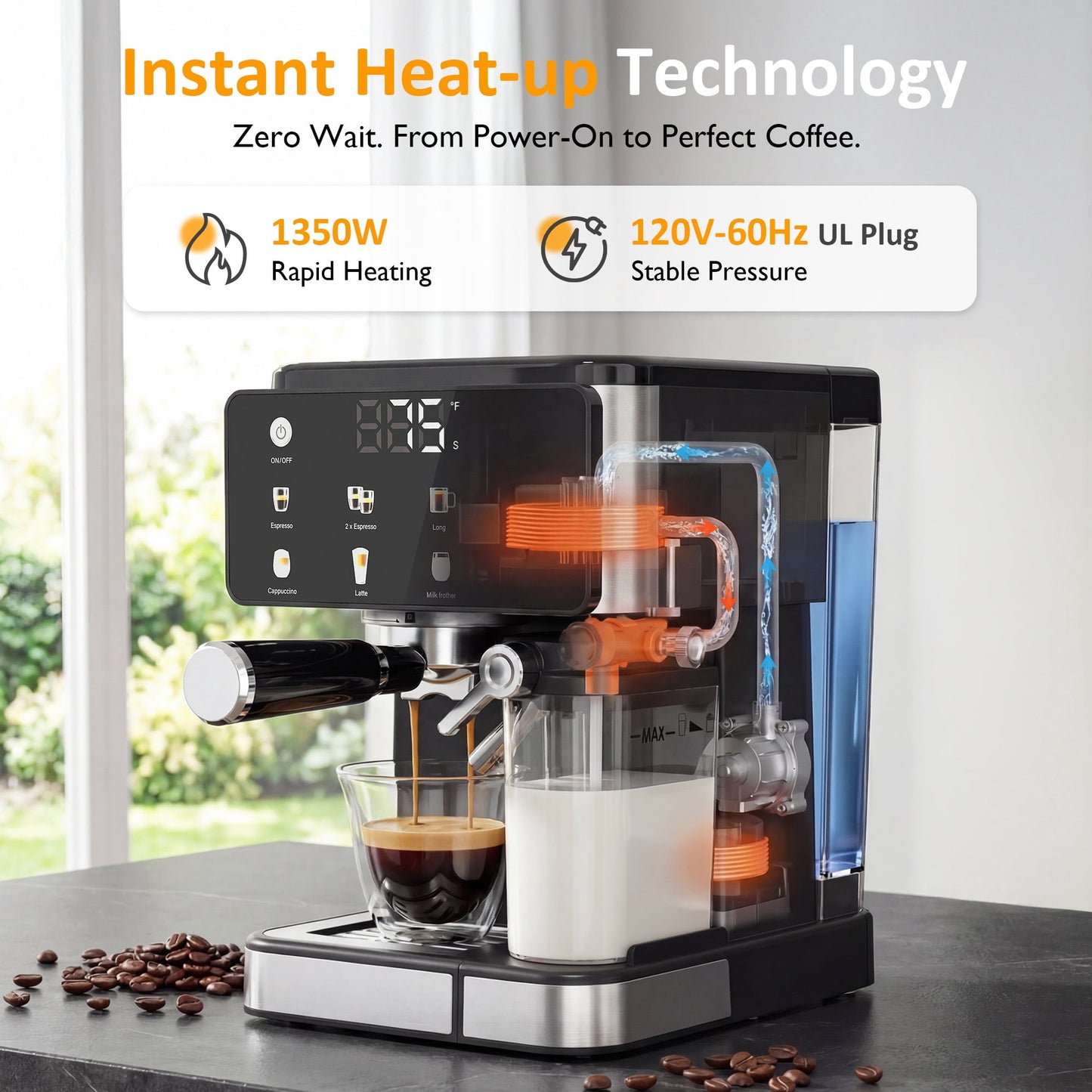 Heynemo All-in-One Coffee Maker with Cold Brew, Espresso & Latte Machine, Dual Brew Grounds/Capsules, LED Touch, Black