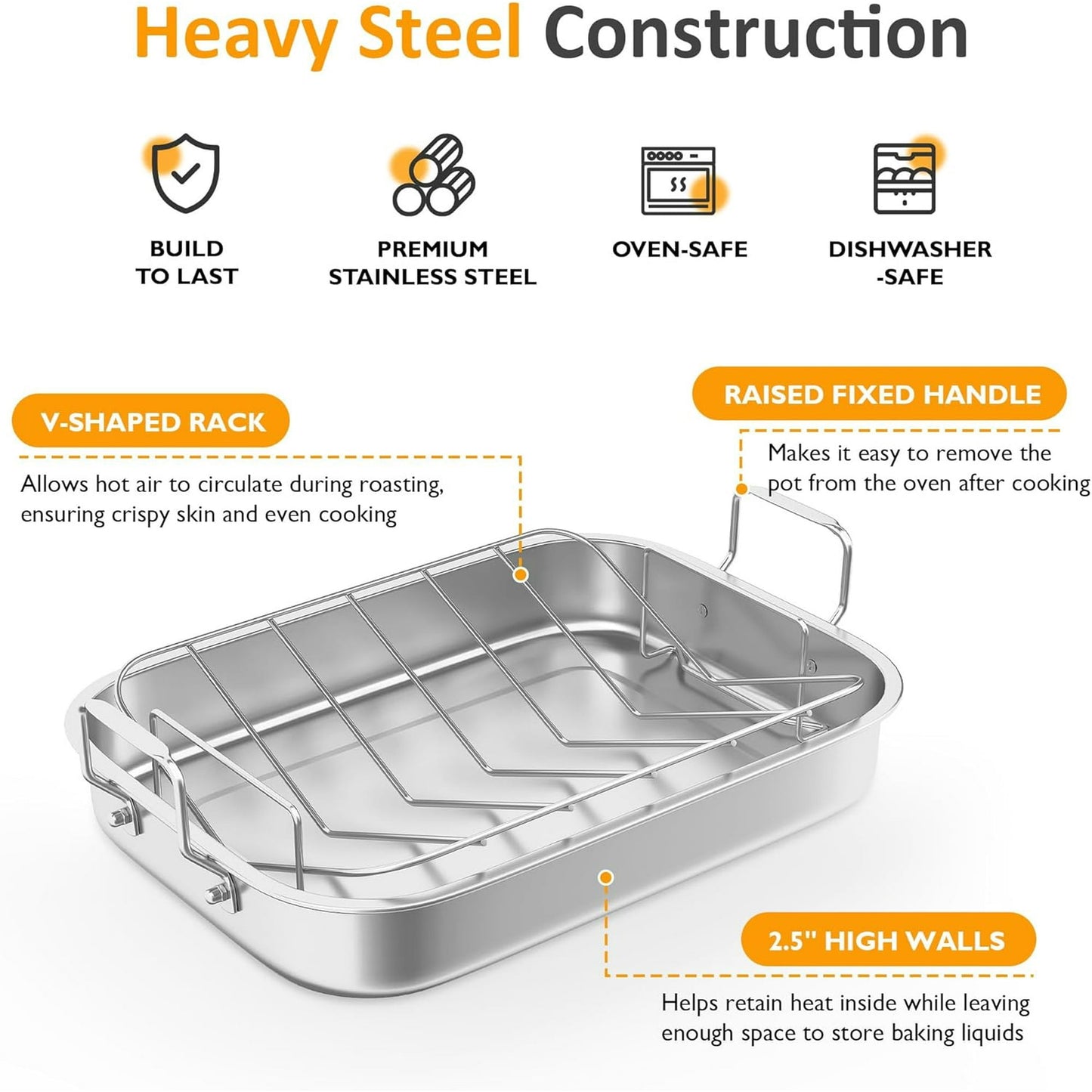 Sunvivi 15.6" Roasting Pan with V-Shaped Rack, Deep Stainless Steel Turkey Roaster, Dishwasher Safe