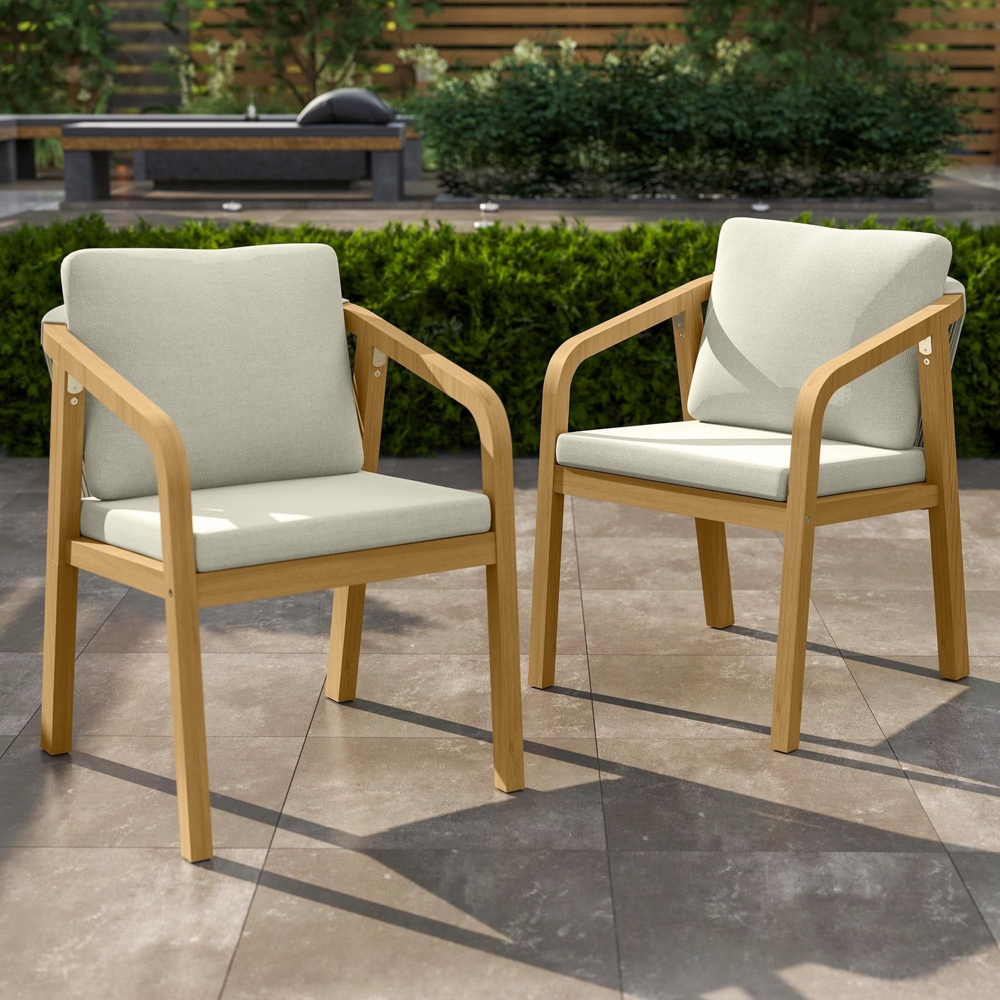 RoyalCraft Acacia Patio Dining Chairs Set of 6, Outdoor Wood Dining Chairs with Thick Cushions, Modern Patio Chairs with Woven Rope Backrest for Porch, Backyard, Garden, Indoor, Beige