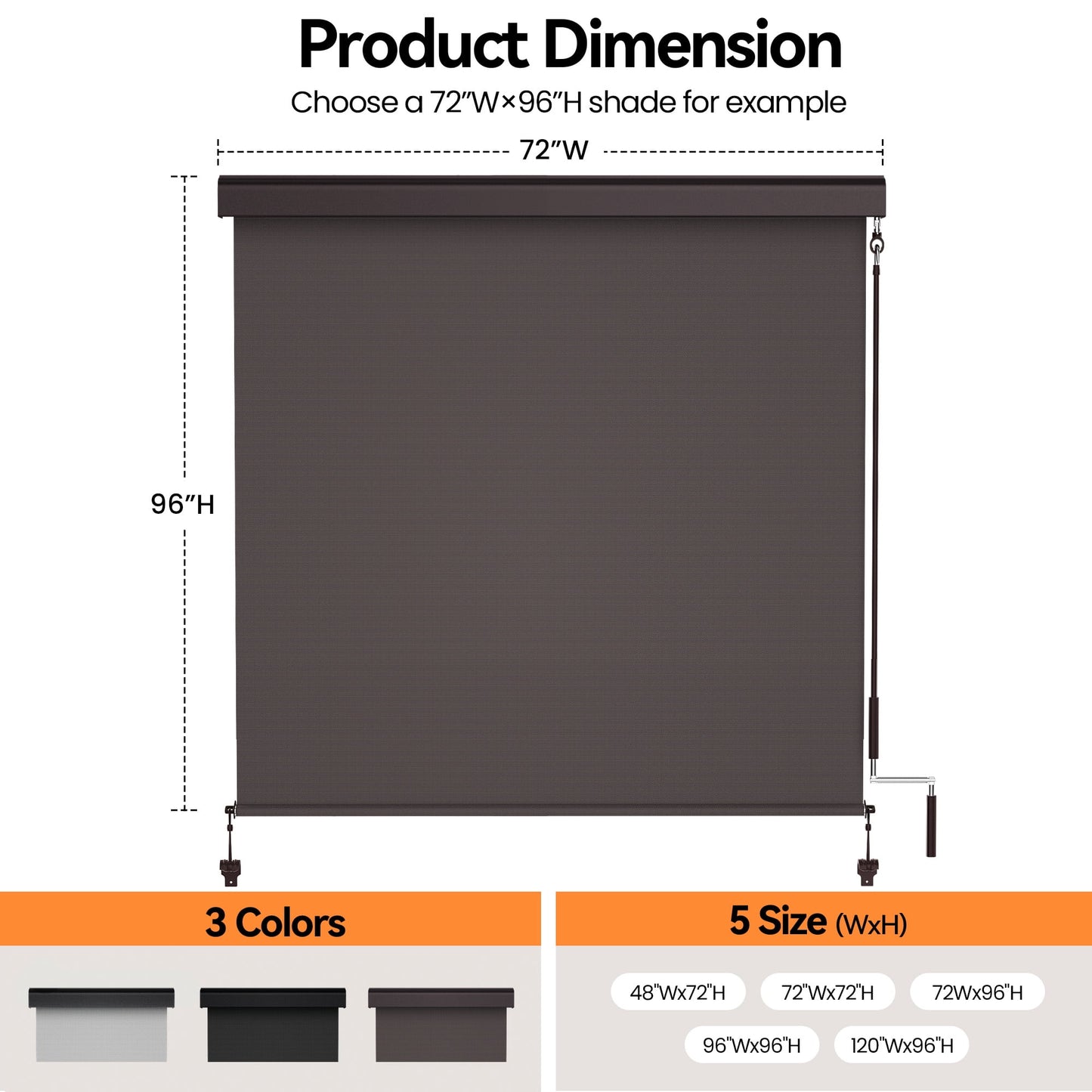 Superjoe Outdoor Roller Shade Cordless with 95% UV Block, Waterproof - 6'W x 8'H, Brown