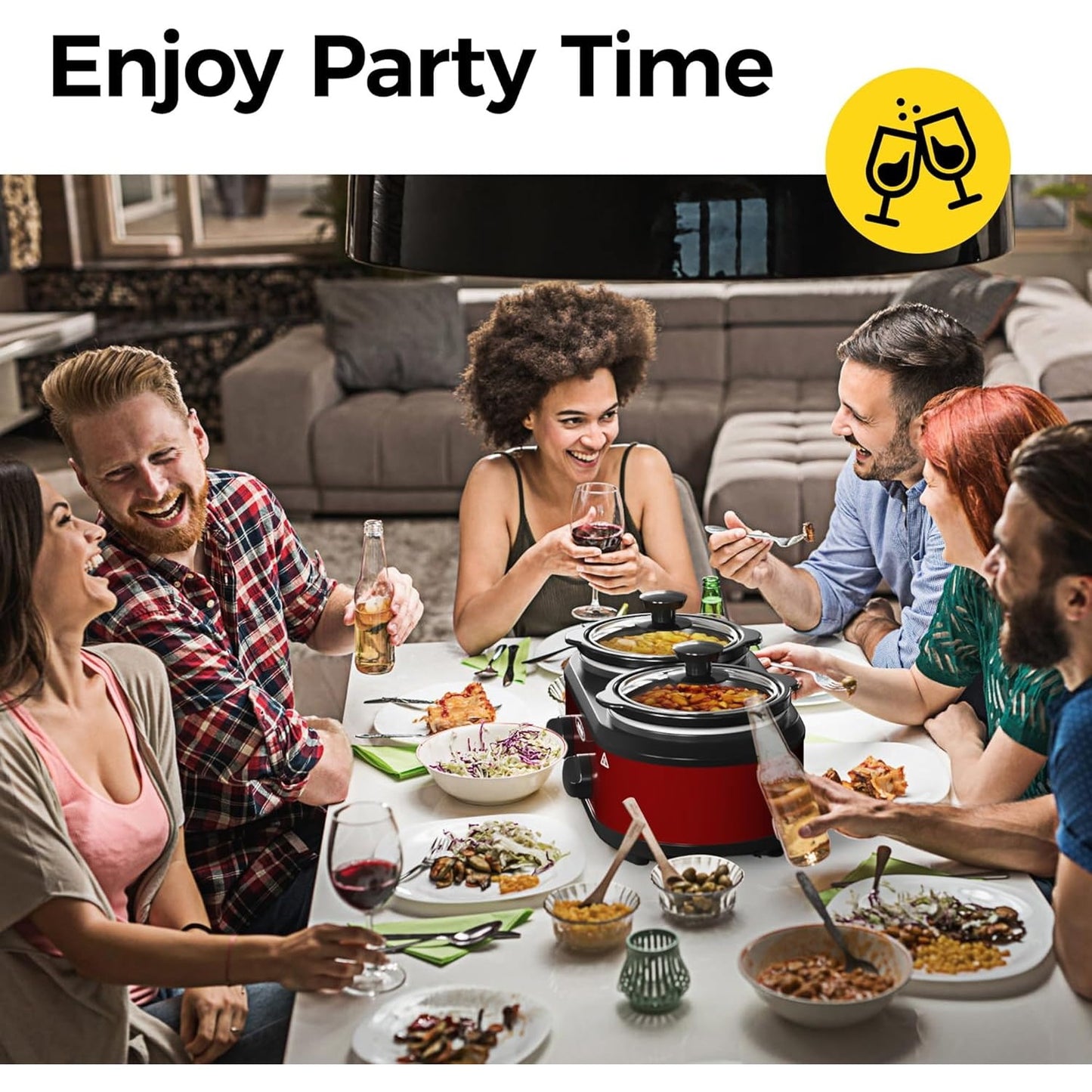 Superjoe Double Slow Cooker,2 Pot Small Mini Crock Buffet Servers and Warmer,Dual Pot Oval Manual Slow Cooker with Adjustable Temp Removable Ceramic Pot,Stainless Steel, Total 2.5 Quarts Red