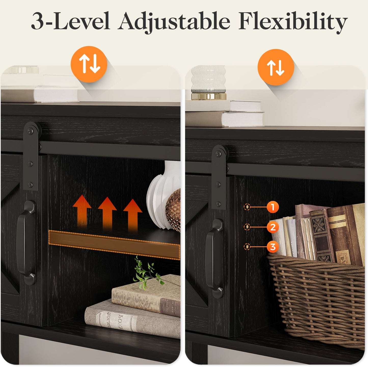 RoyalCraft Farmhouse Fireplace TV Stand for 65+ Inch TV, Entertainment Center with 23" Electric Fireplace with Remote, Modern Rustic TV Console with Sliding Bar Door for Living Room, Black