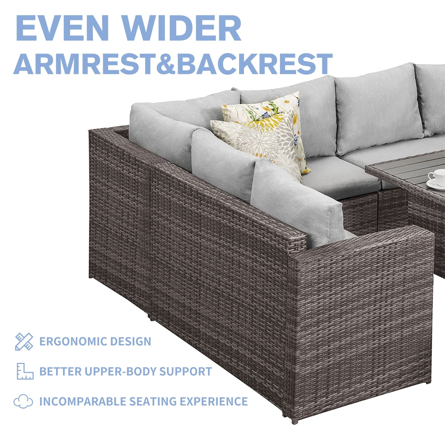 Heynemo 7 Piece Outdoor Patio Furniture Set, Dining Sectional Sofa with Dining Table Chair, All Weather Wicker Conversation Set with Ottoman, Grey