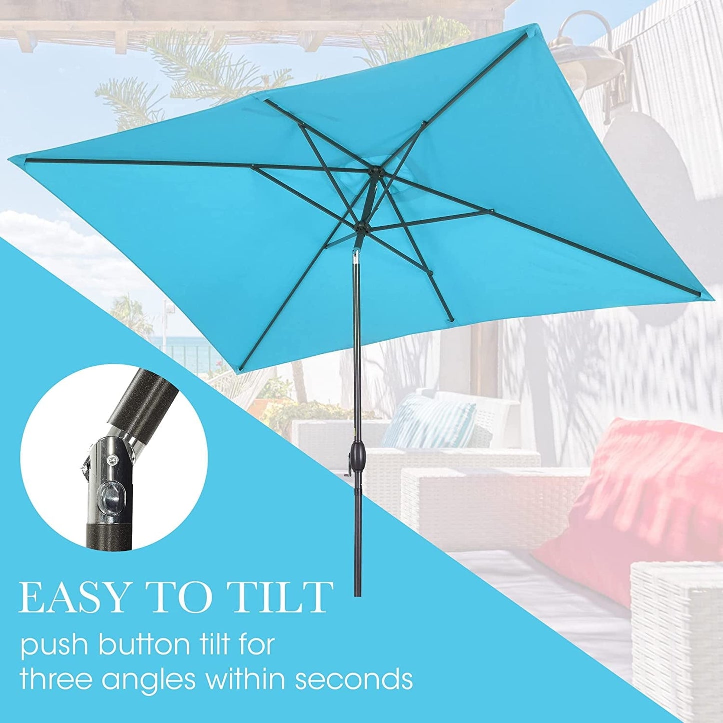 RoyalCraft 6.5 x 10 Ft Rectangular Patio Umbrella Aluminum Pole, Outdoor Table Market Umbrella with Crank, 6 Steel Ribs, Polyester Canopy, Light Blue