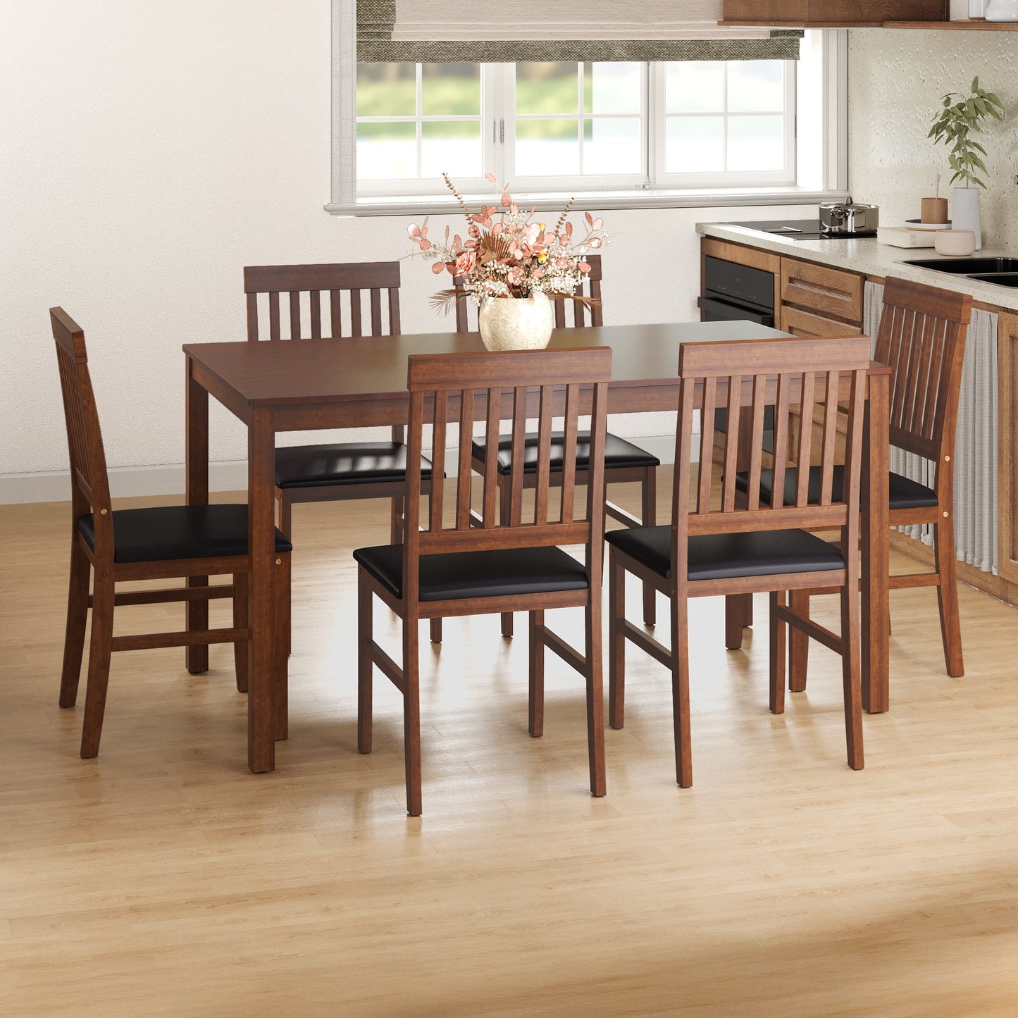 May in Color Wooden Dining Chairs Set of 6, Modern Dining Chairs with Rubberwood Legs, 350LBS Capacity, Leather Side Seat for Kitchen, Dining Room, Living Room, Home Office, Terrace, Courtyard, Brown