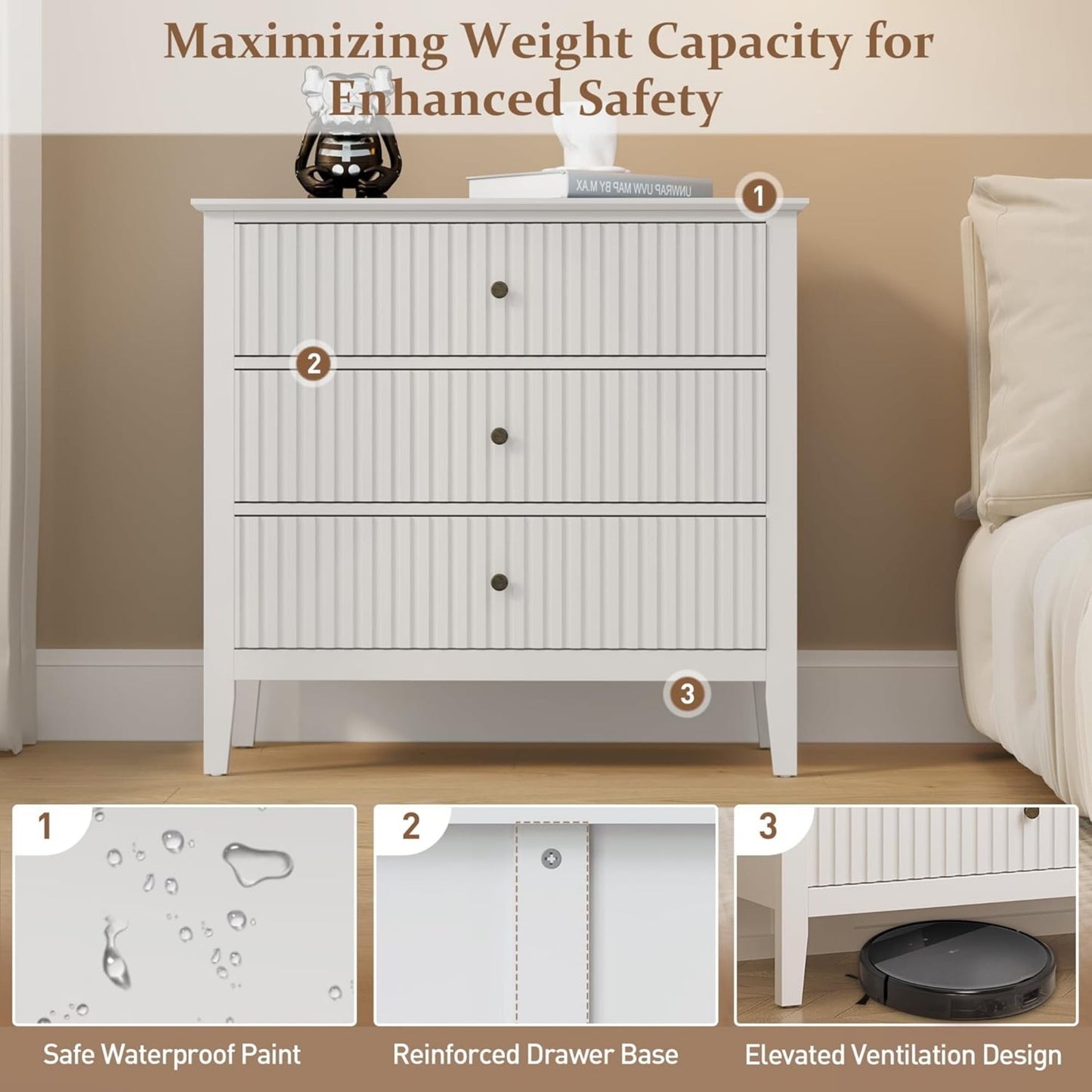 Heynemo Large White 3 Drawer Dresser, Painted 30 Inch Tall Wood Nightstand with Storage, Wide Modern Chest of Drawers with Ball Bearing Slide for Bedroom Hallway Living Room Entryway Office