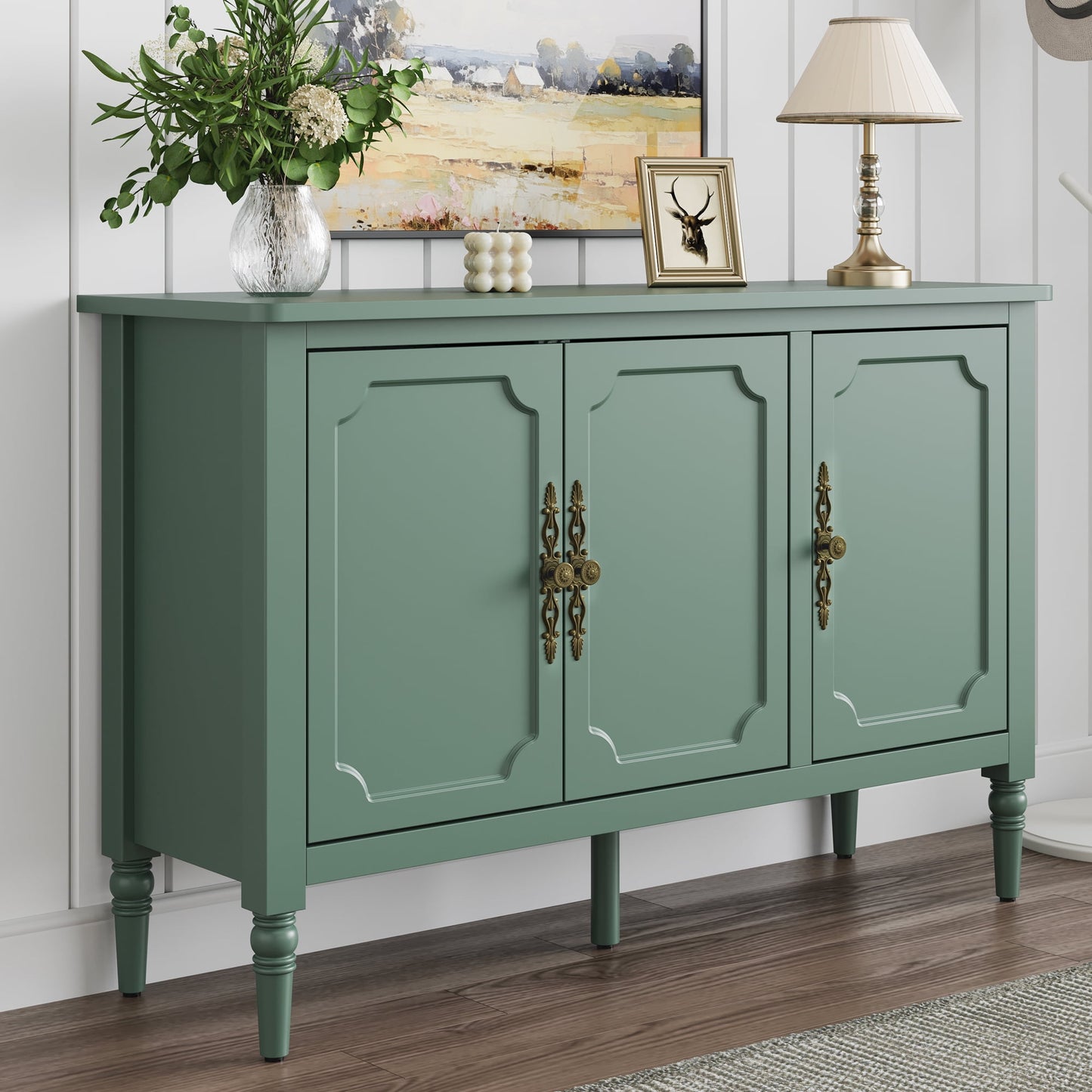 Heynemo 3-Door Storage Cabinet with Adjustable Shelves, Accent Sideboard Cabinet with Turned Legs, Wood Pantry Cabinet, Mid-Century Buffet Cabinet for Entryway, Living Room, Dining Room, Green
