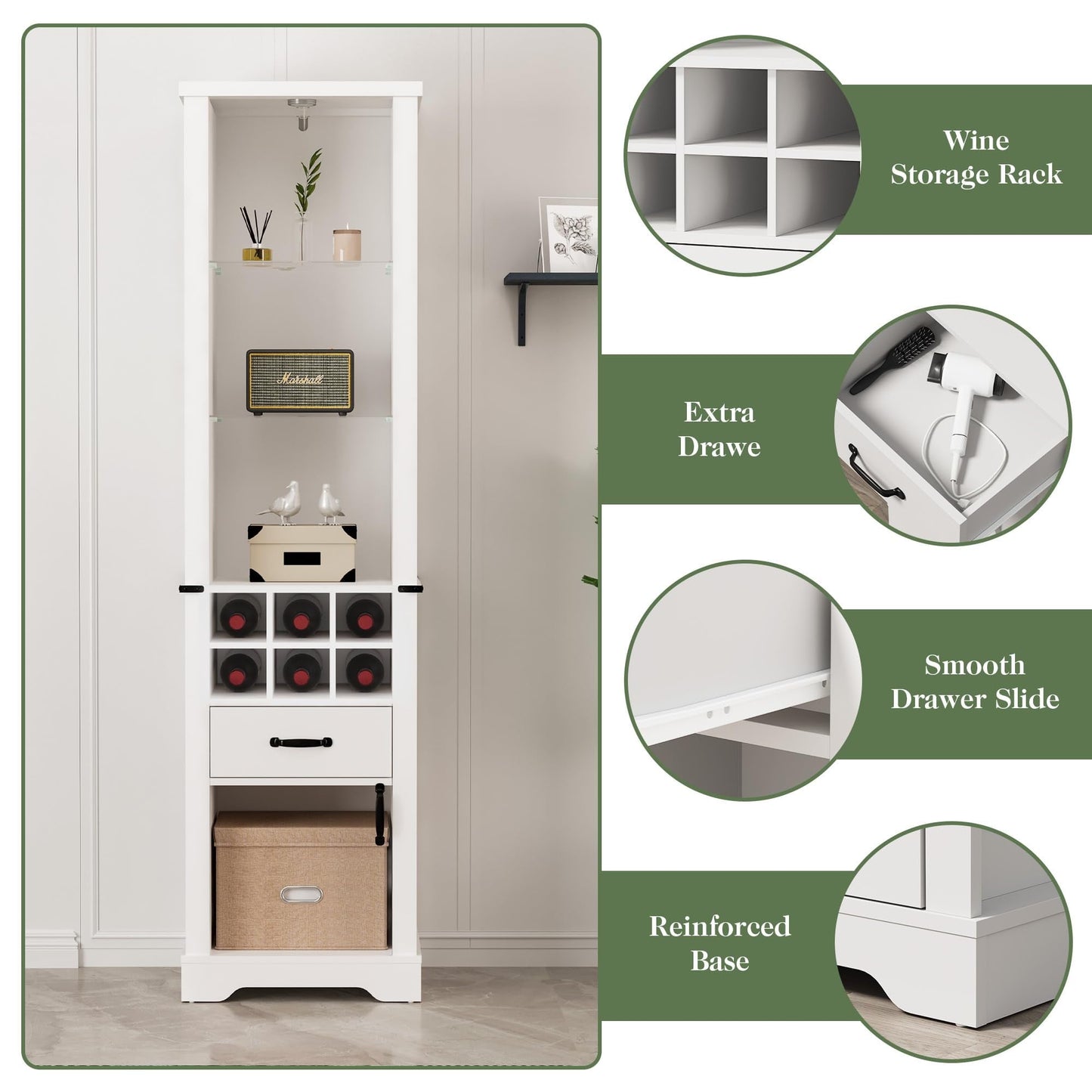 Royalcraft 75'' Tall Storage Cabinet with LED Light, Farmhouse Pantry Cabinet with Tempered Glass Adjustable Shelves & Wine Storage Rack, Freestanding Linen Tower for Bathroom, Living Room,White