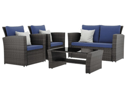 Superjoe 4 Pcs Outdoor Patio Furniture Sets, Wicker Rattan Conversation Set, Gray Rattan Blue Cushion