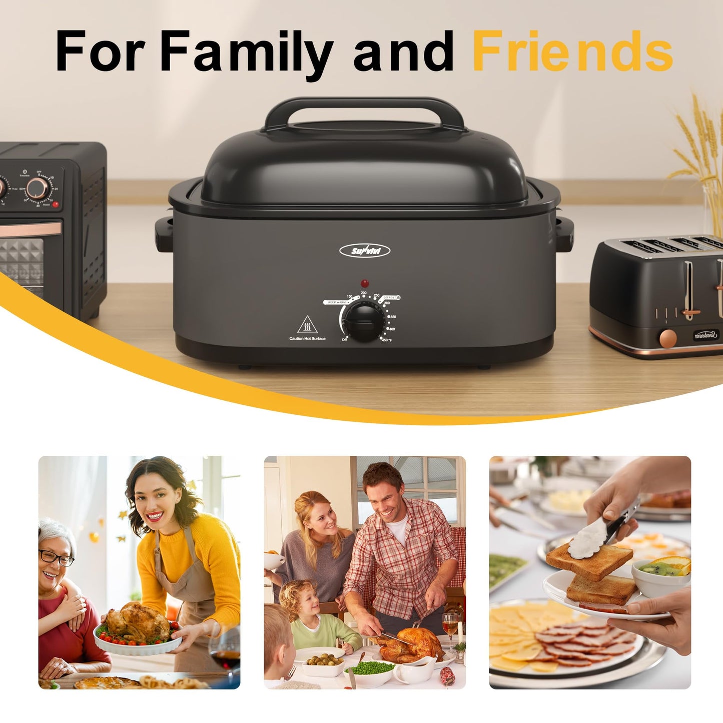 Heynemo 30lb 26-Quart Roaster Oven, Electric Roaster Oven with Viewing Lid, Turkey Roaster with Unique Defrost/Warm Function, Large Roaster with Removable Pan & Rack, Stainless Steel, Grey