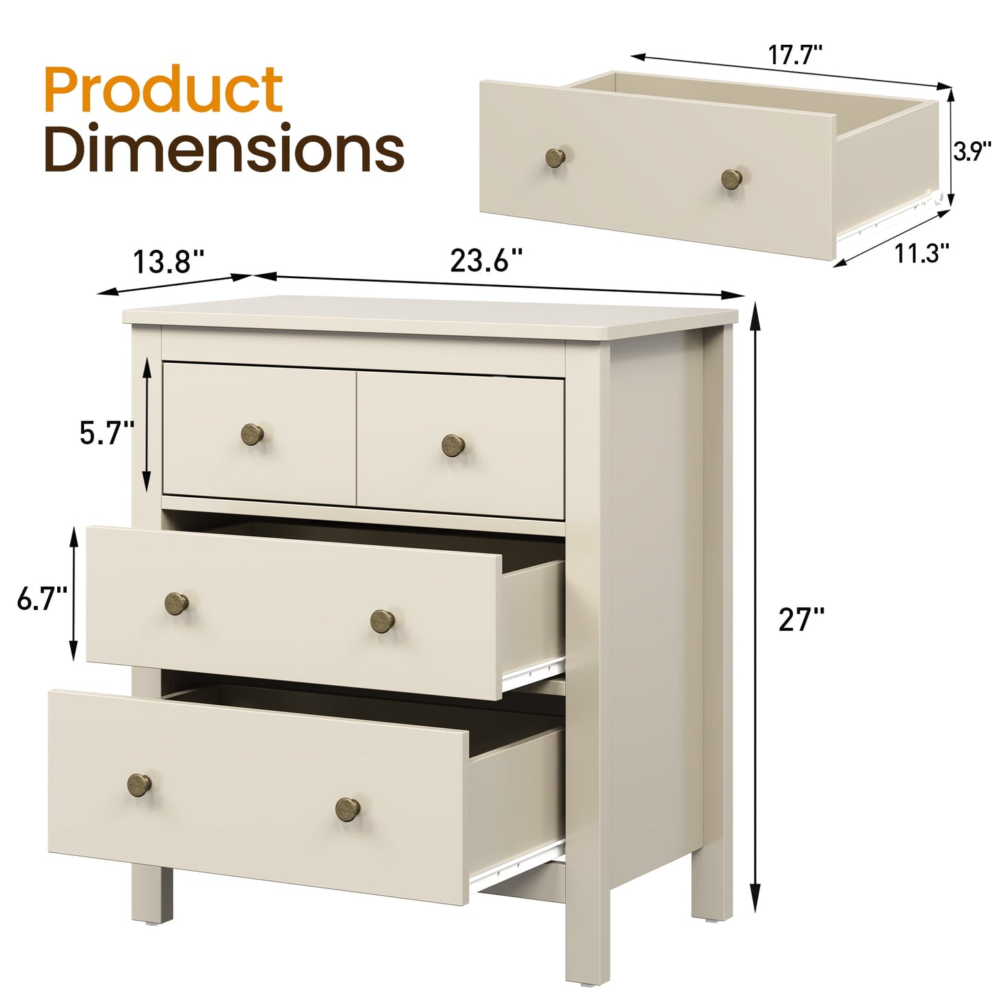 May in Color Beige 3 Drawer Dresser Set of 2, 27" Tall Nightstand Organizer, Wood Chest of Drawers with Storage, for Bedroom, Living Room, Entryway