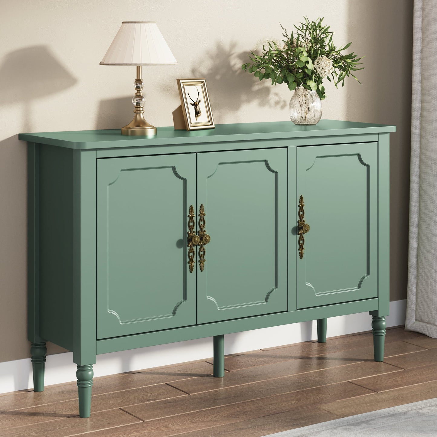 May in Color Storage Cabinet with 3 Doors, Mid-Century Sideboard Cabinet with Adjustable Shelves, Wood Buffet Cabinet with Turned Legs, Accent Cabinet for Entryway, Living Room, Dining Room, Green