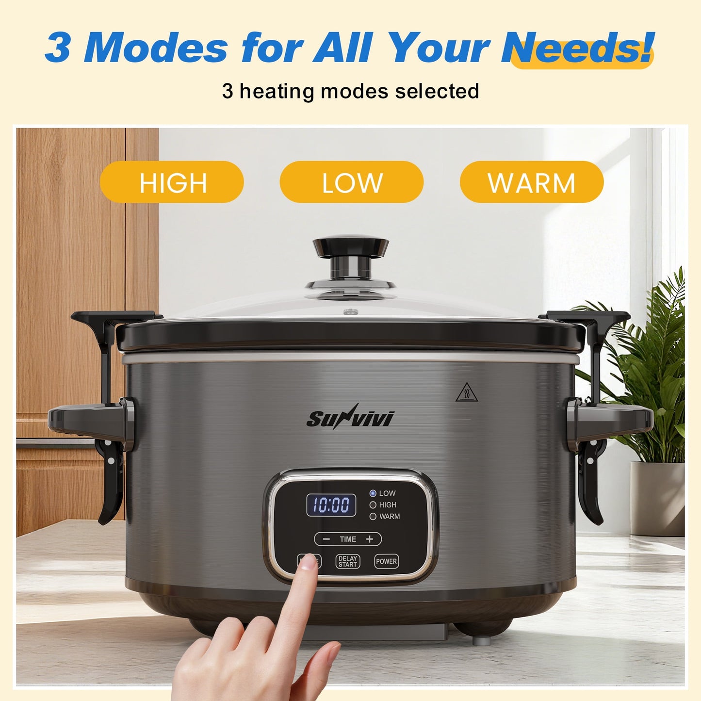 Sunvivi 4QT Digital Slow Cooker, Programmable Crock Pot with Locking Lid, Timer, 3 Heat Settings & Removable Ceramic Insert, Gray