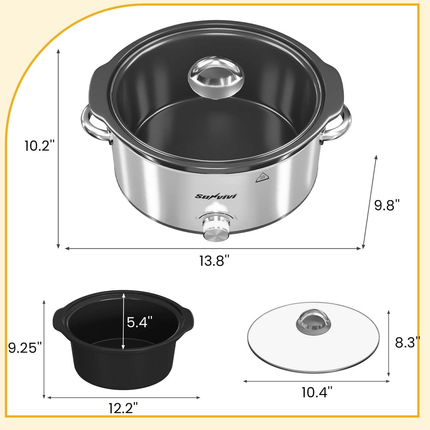 SUNVIVI Small Slow Cooker 4QT, Mini Food Warmer with 3 Heating Settings, Removable Ceramic Pot, Dishwasher Safe Glass Lid, Stainless Steel