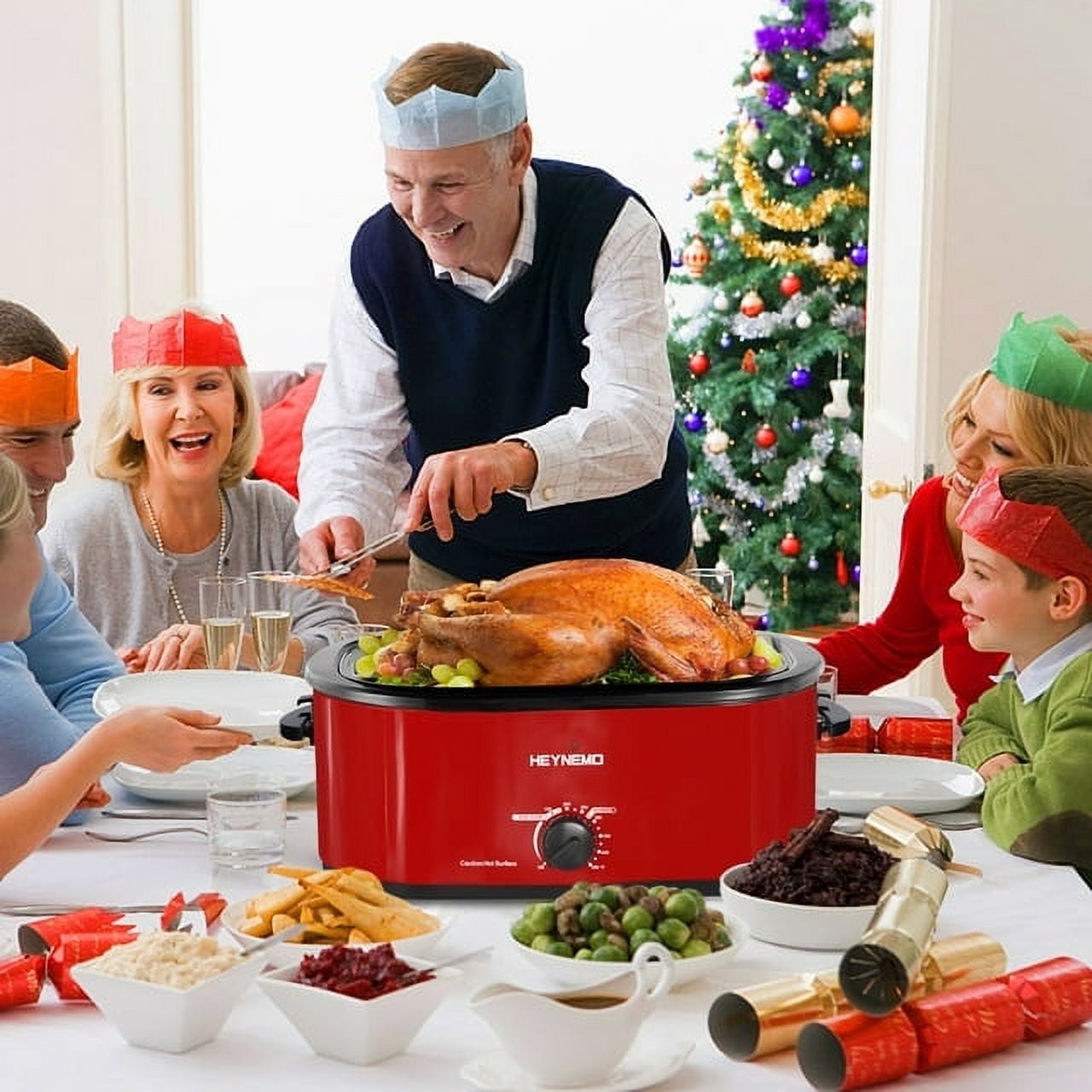 26 Quart Electric Roaster Oven, Stainless Steel Portable Roaster Turkey Oven, Self-Basting Lid Removable Insert Pot, Red