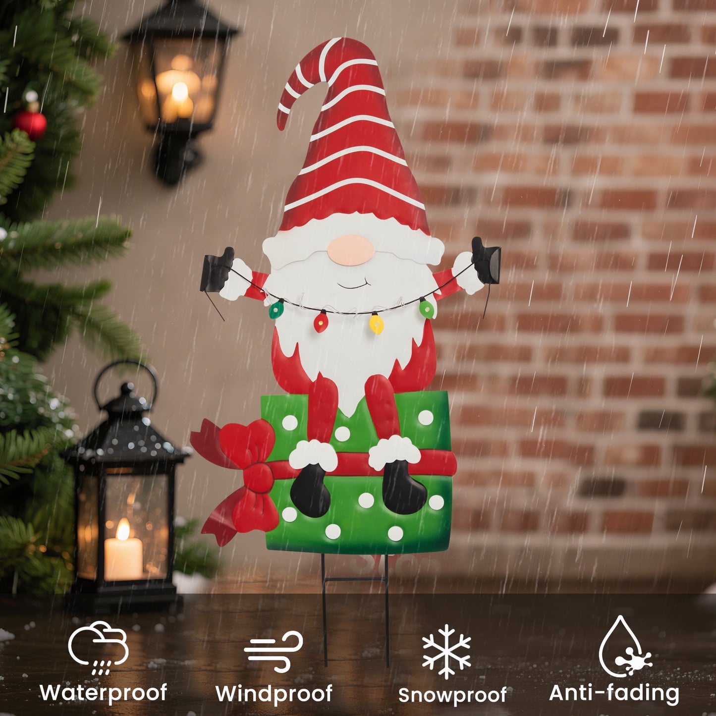 Heynemo Solar Christmas Gnome Yard Stake, Lighted Metal Holiday Garden Decoration, Waterproof Lawn & Pathway Ornament, Chimney Style