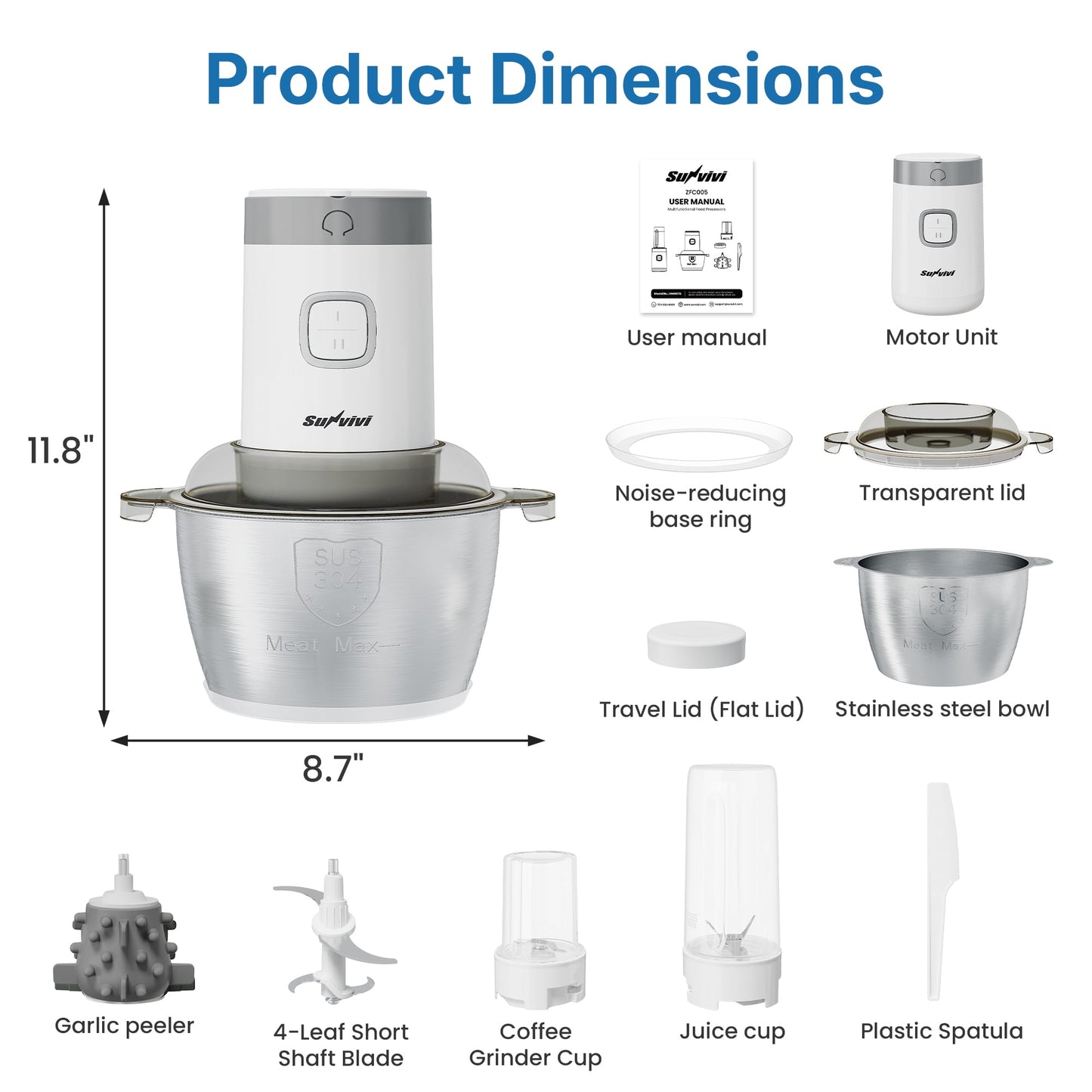 May in Color Portable Electric Food Processor, 350W 4-in-1 Blender with Stainless Steel Bowl, 2 Speed Control, Grinder & Juicer