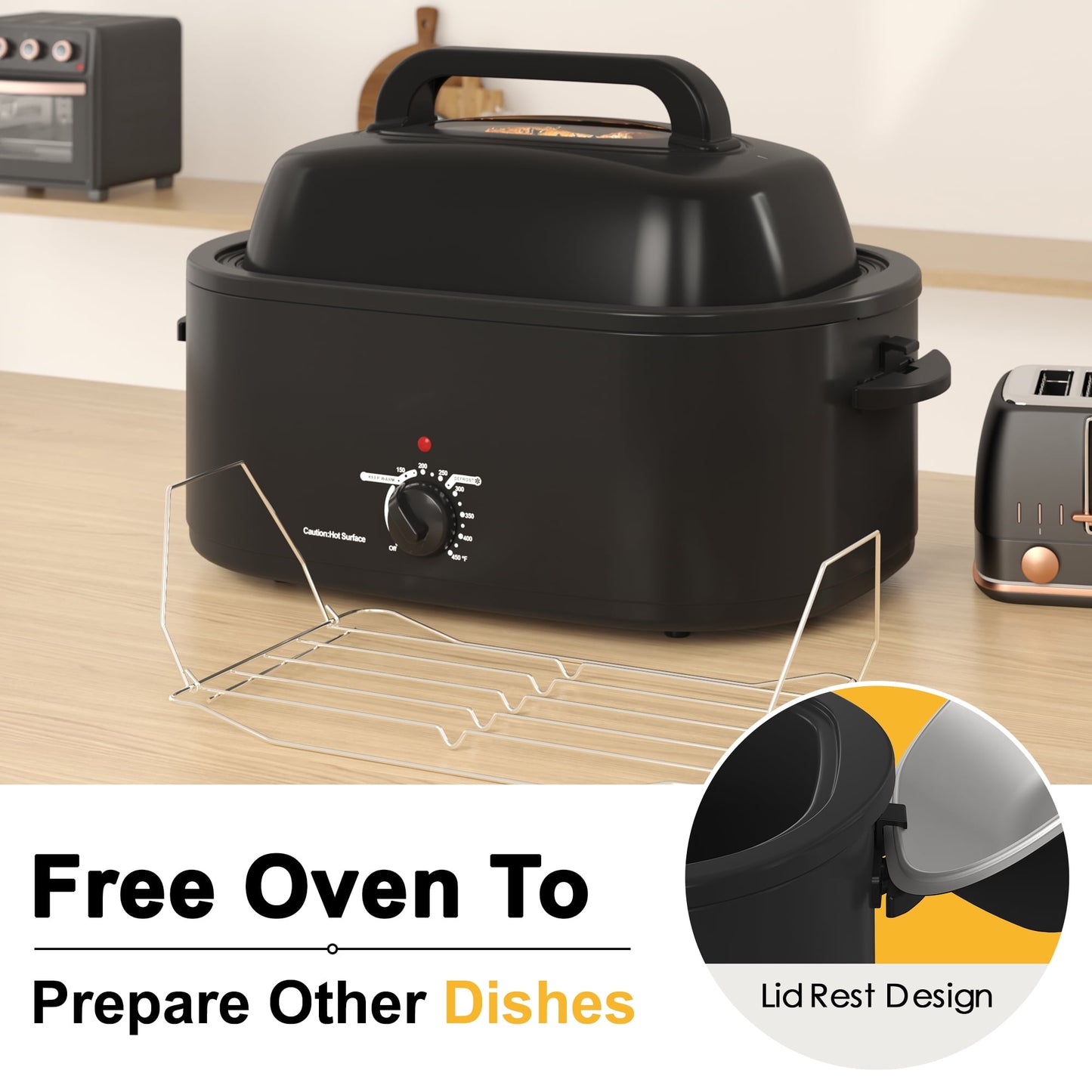 Royalcraft 22 Quart Electric Turkey Roaster Oven with Visible Glass Lid,Removable Pan & Rack, Stainless Steel,Black