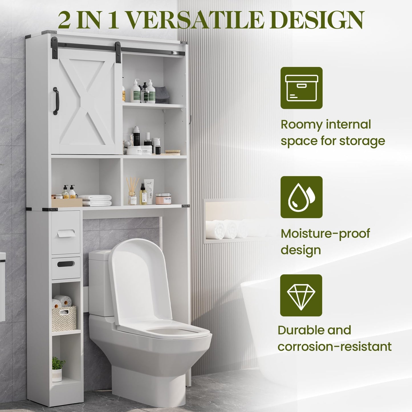 RoyalCraft Over The Toilet Storage Cabinet, Farmhouse Storage Cabinet Over Toilet with Sliding Barn Door, Home Space-Saving Toilet Rack, Behind Toilet Bathroom Organizer for Bathroom, White