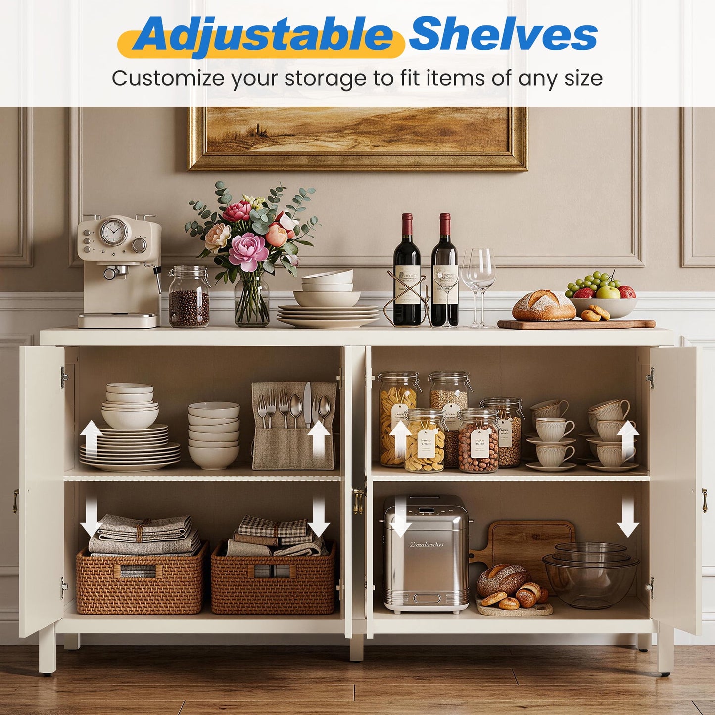 May in Color 60'' Modern Sideboard Cabinet with Adjustable Shelves and 4 Doors, Ideal for Entryway, Living Room, Dining Room, Bedroom, Beige