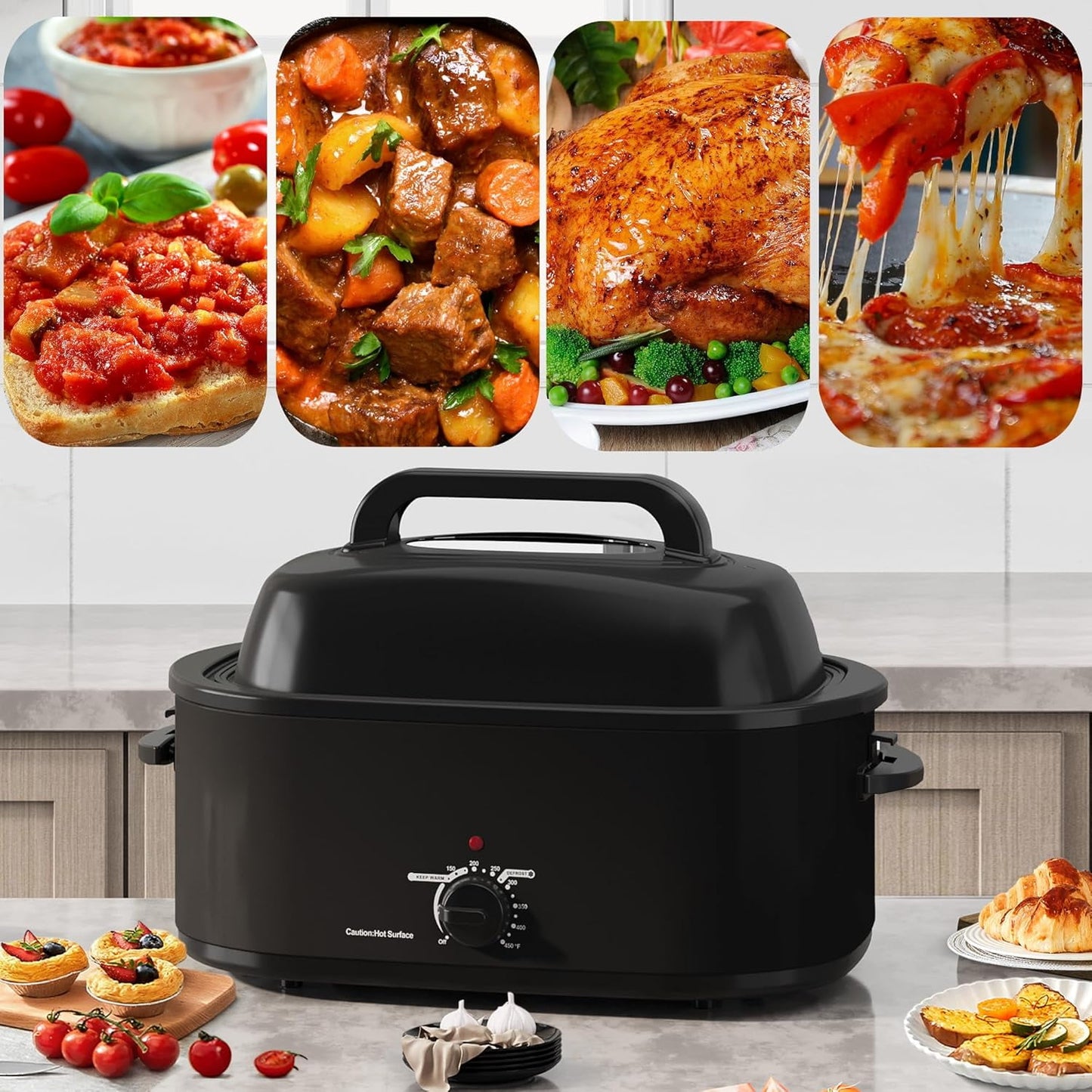 Superjoe Roaster Oven 28 Quart, Electric Roaster Oven with Visible & Self-Basting Lid, Turkey Roaster Oven with Removable Pan & Rack, Variable Temperature Control, Stainless Steel, Black
