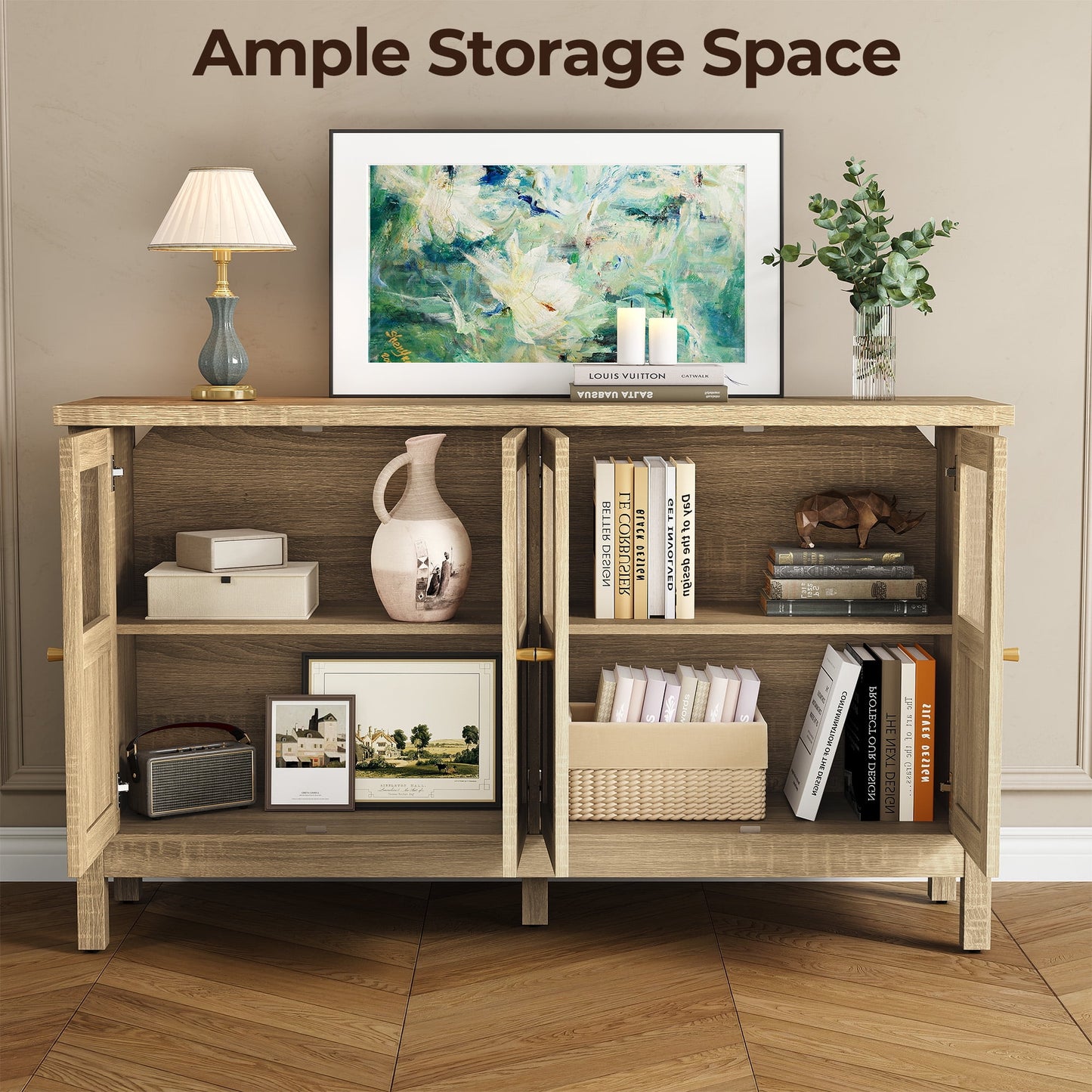 Heynemo Wood Sideboard Credenza with Storage, Buffet Cabinet with Adjustable Shelves, Accent Cabinet with Acrylic Accents for Living Room, Dining Room, Entryway