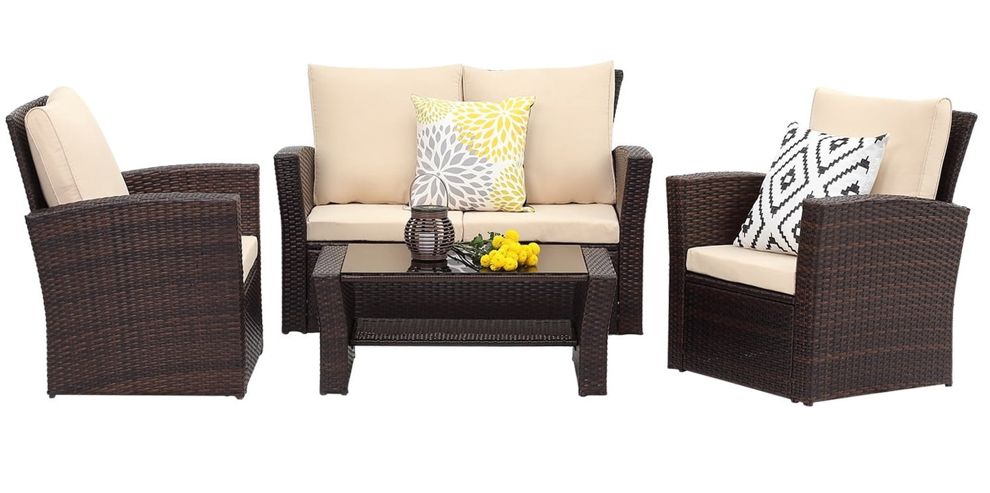 All-Weather Outdoor Patio Furniture Set - 4-Piece Wicker Rattan Sectional Conversation Set with Table and Cushions, Gray